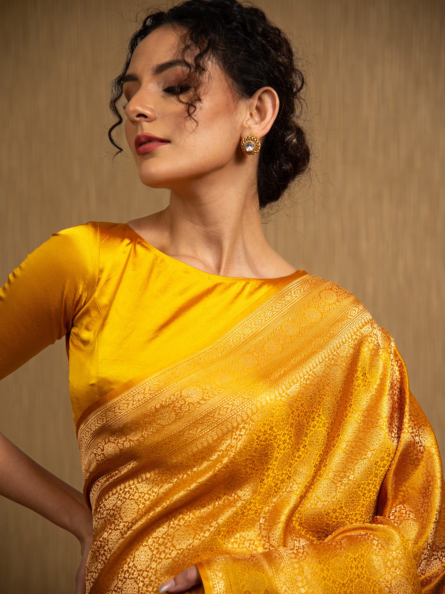 Mustard Satin Brocade Handloom Banarasi Saree - Sacred Weaves