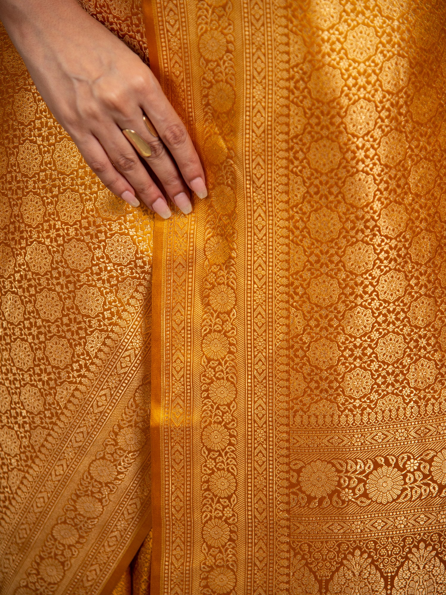 Mustard Satin Brocade Handloom Banarasi Saree - Sacred Weaves
