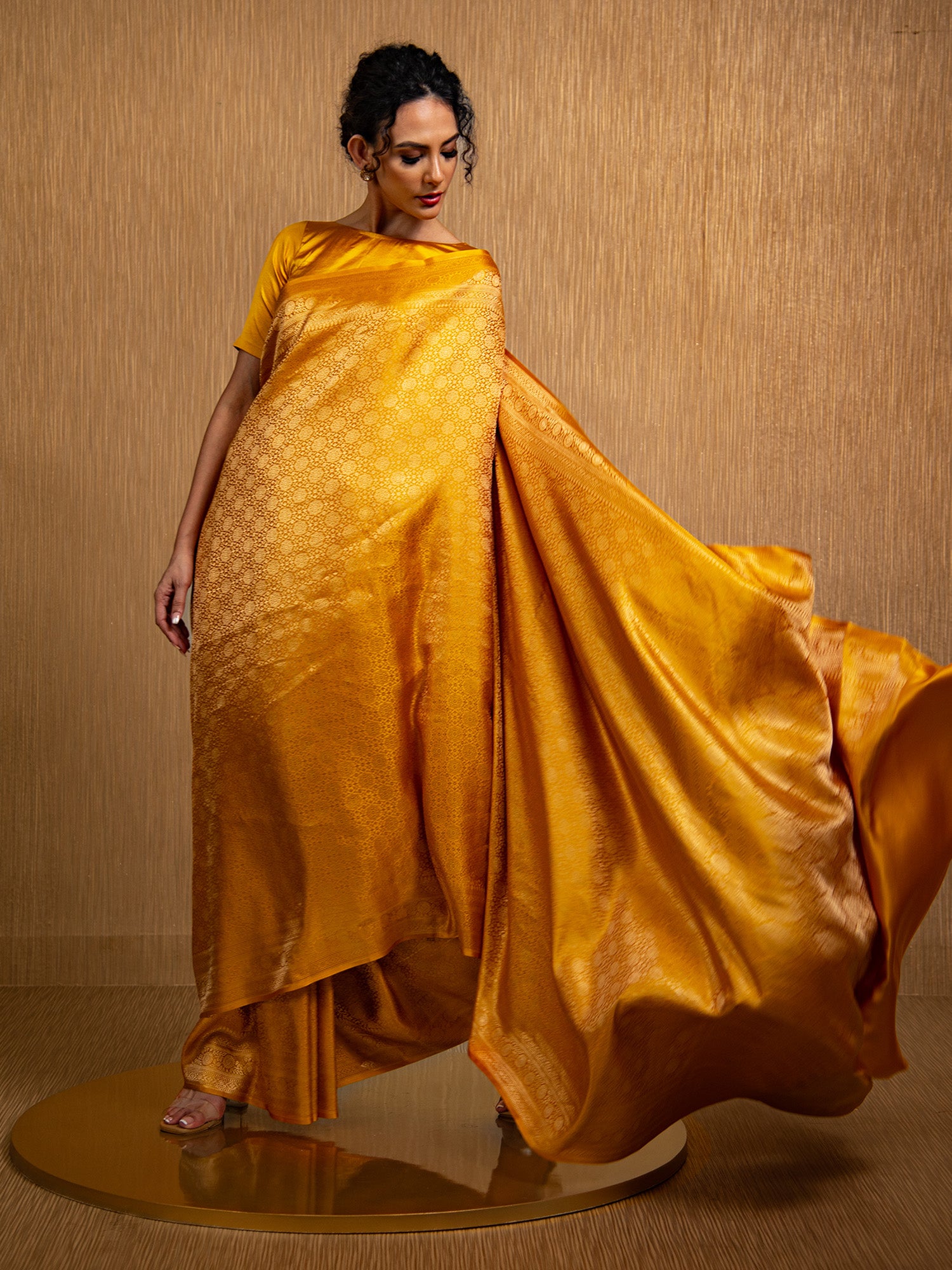 Mustard Satin Brocade Handloom Banarasi Saree - Sacred Weaves