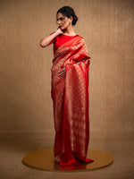 Red Satin Brocade Handloom Banarasi Saree - Sacred Weaves