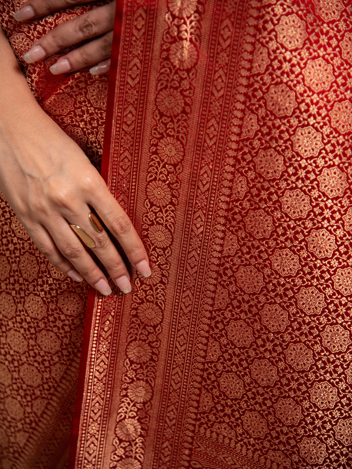 Red Satin Brocade Handloom Banarasi Saree - Sacred Weaves
