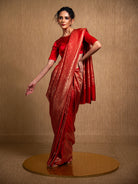 Red Satin Brocade Handloom Banarasi Saree - Sacred Weaves