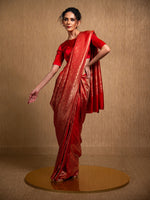 Red Satin Brocade Handloom Banarasi Saree - Sacred Weaves