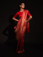 Red Satin Brocade Handloom Banarasi Saree - Sacred Weaves