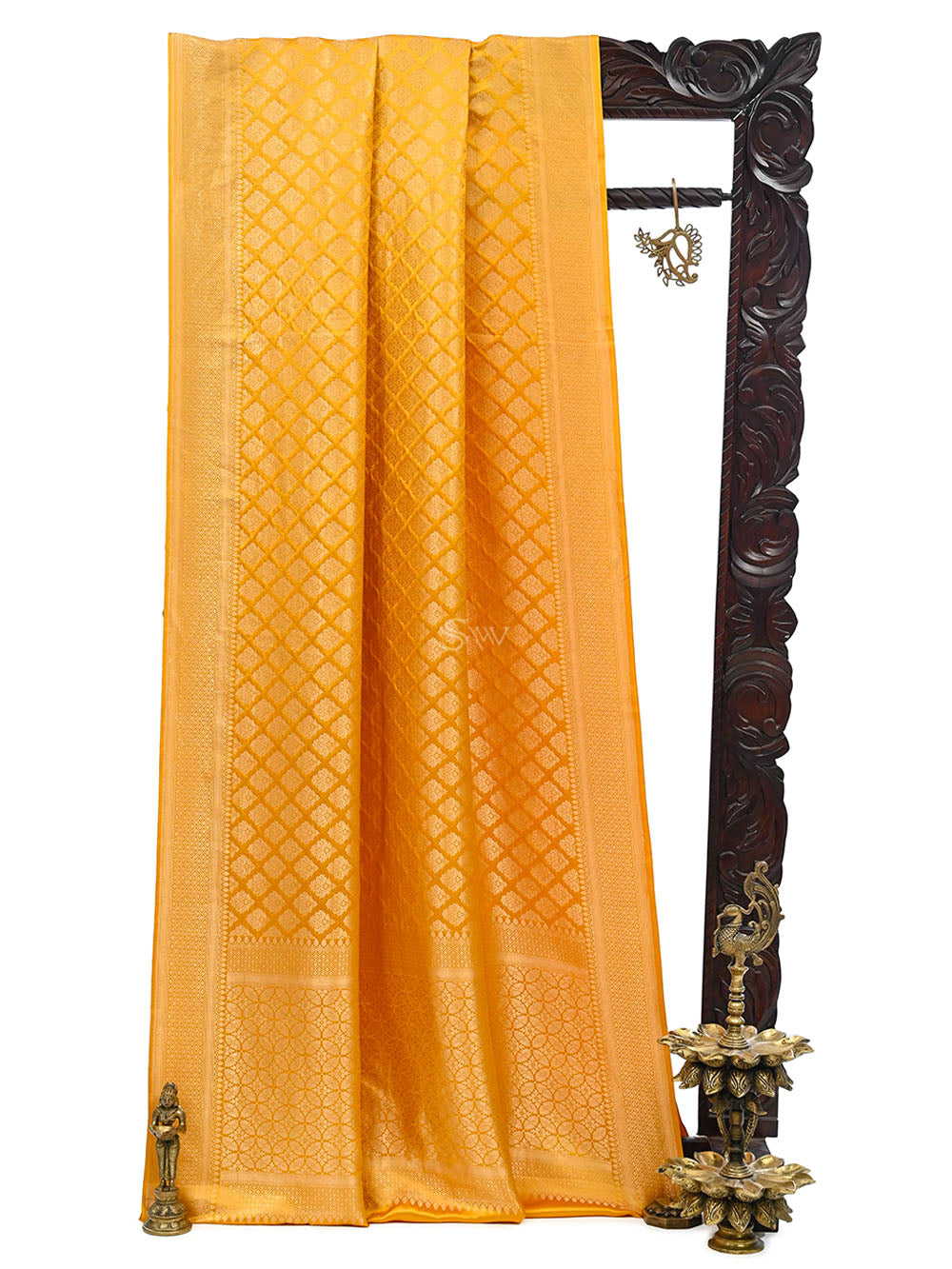 Mustard Satin Brocade Handloom Banarasi Saree - Sacred Weaves