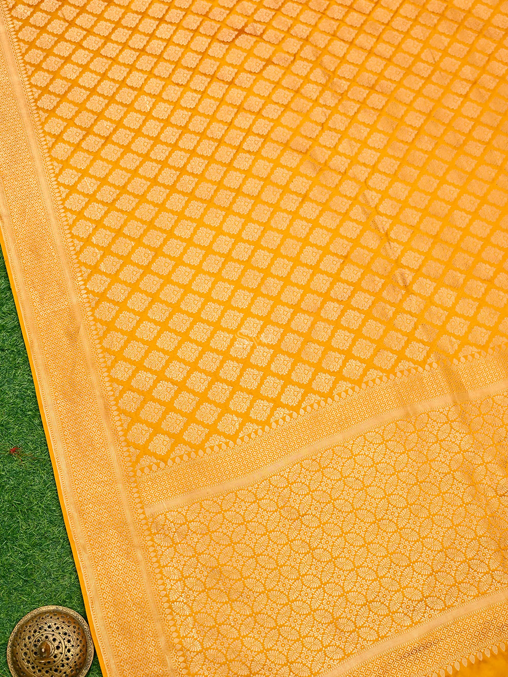 Mustard Satin Brocade Handloom Banarasi Saree - Sacred Weaves