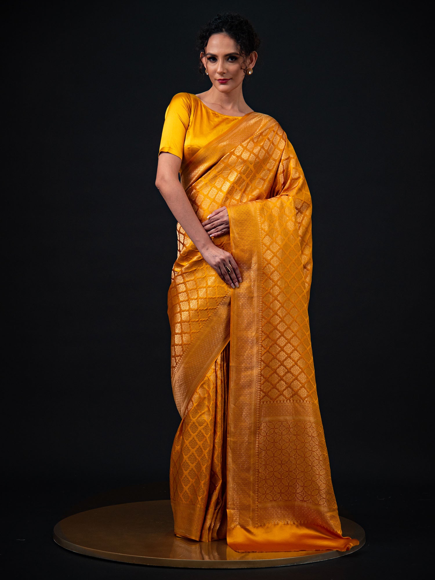 Mustard Satin Brocade Handloom Banarasi Saree - Sacred Weaves