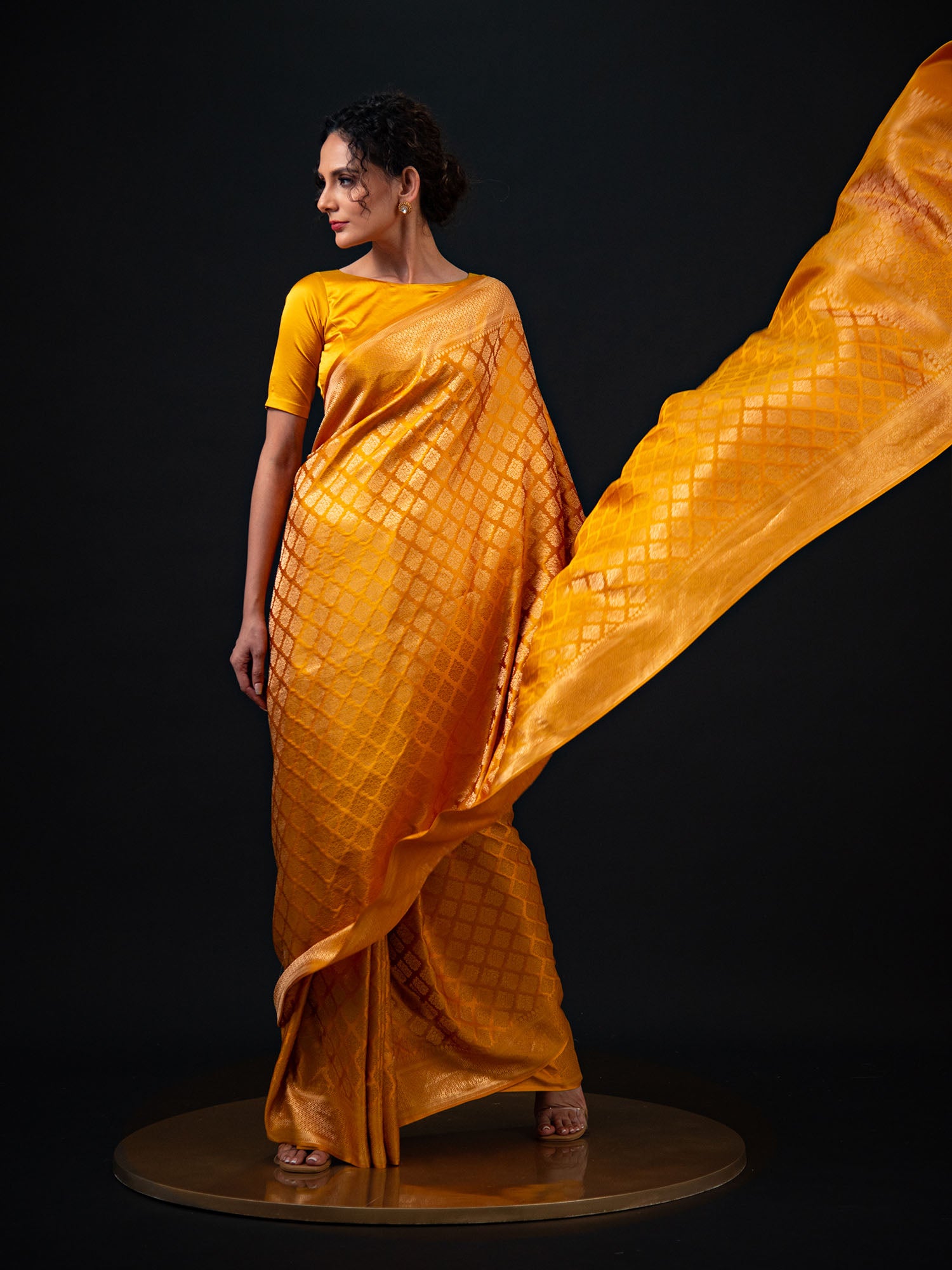 Mustard Satin Brocade Handloom Banarasi Saree - Sacred Weaves