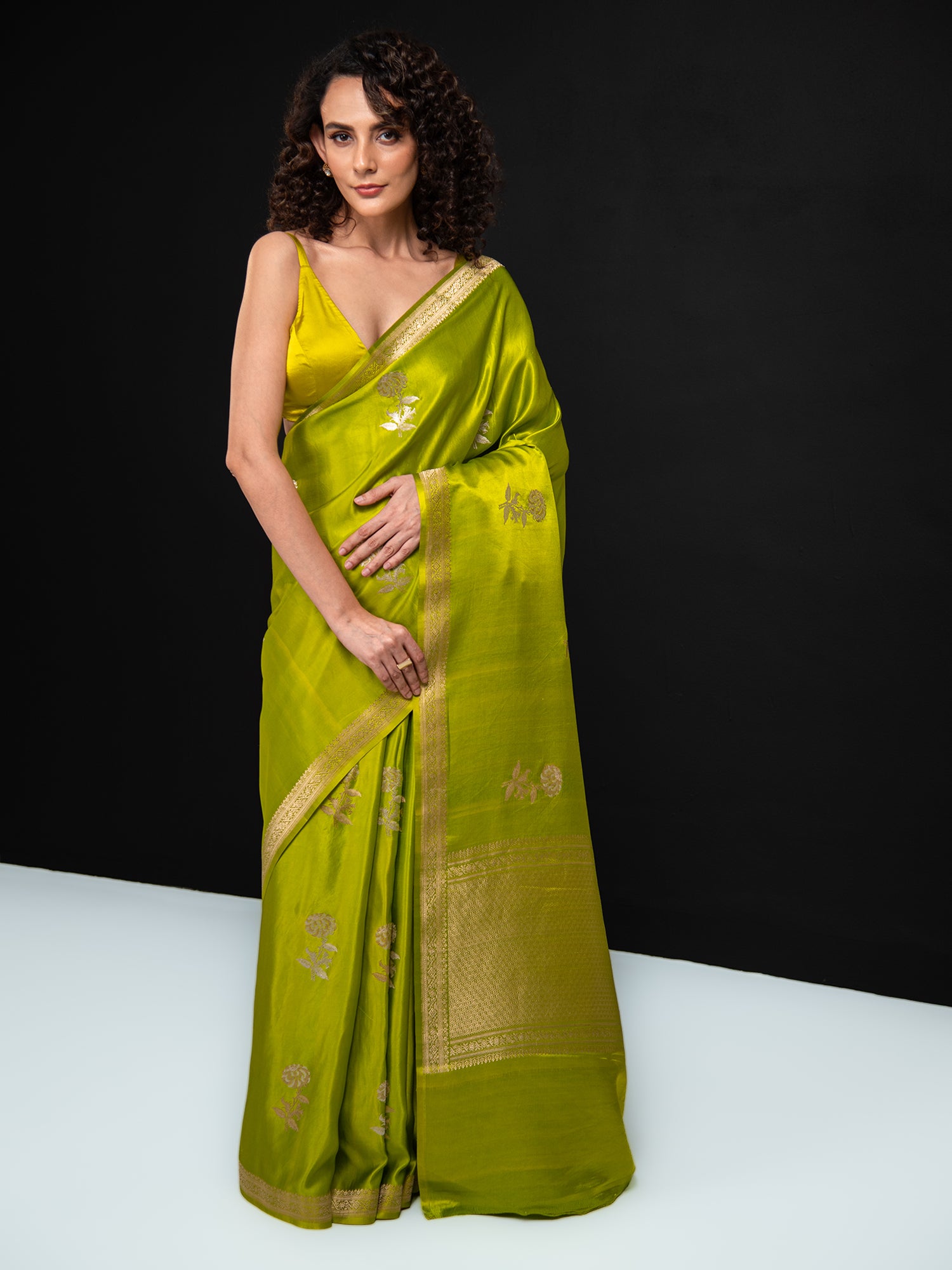 Parrot Green Boota Satin Silk Handloom Banarasi Saree - Sacred Weaves