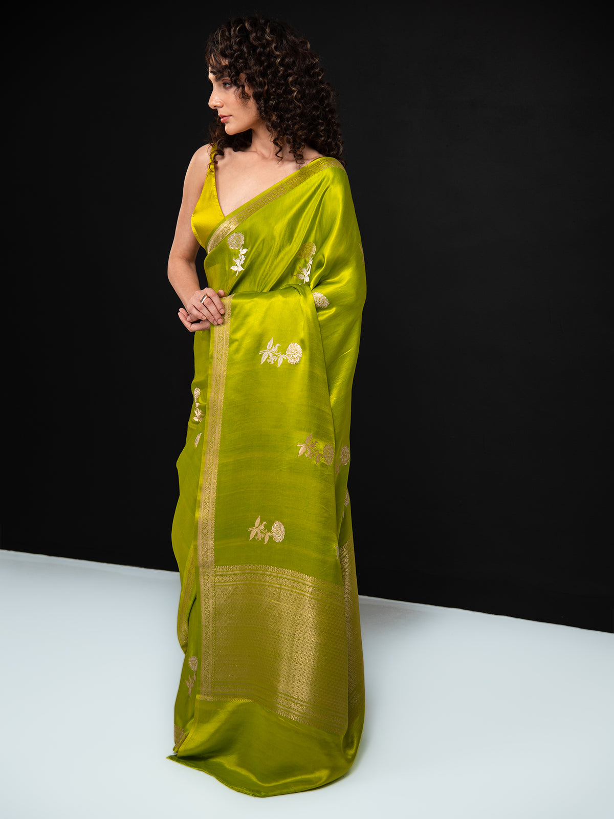 Parrot Green Boota Satin Silk Handloom Banarasi Saree - Sacred Weaves