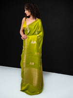 Parrot Green Boota Satin Silk Handloom Banarasi Saree - Sacred Weaves