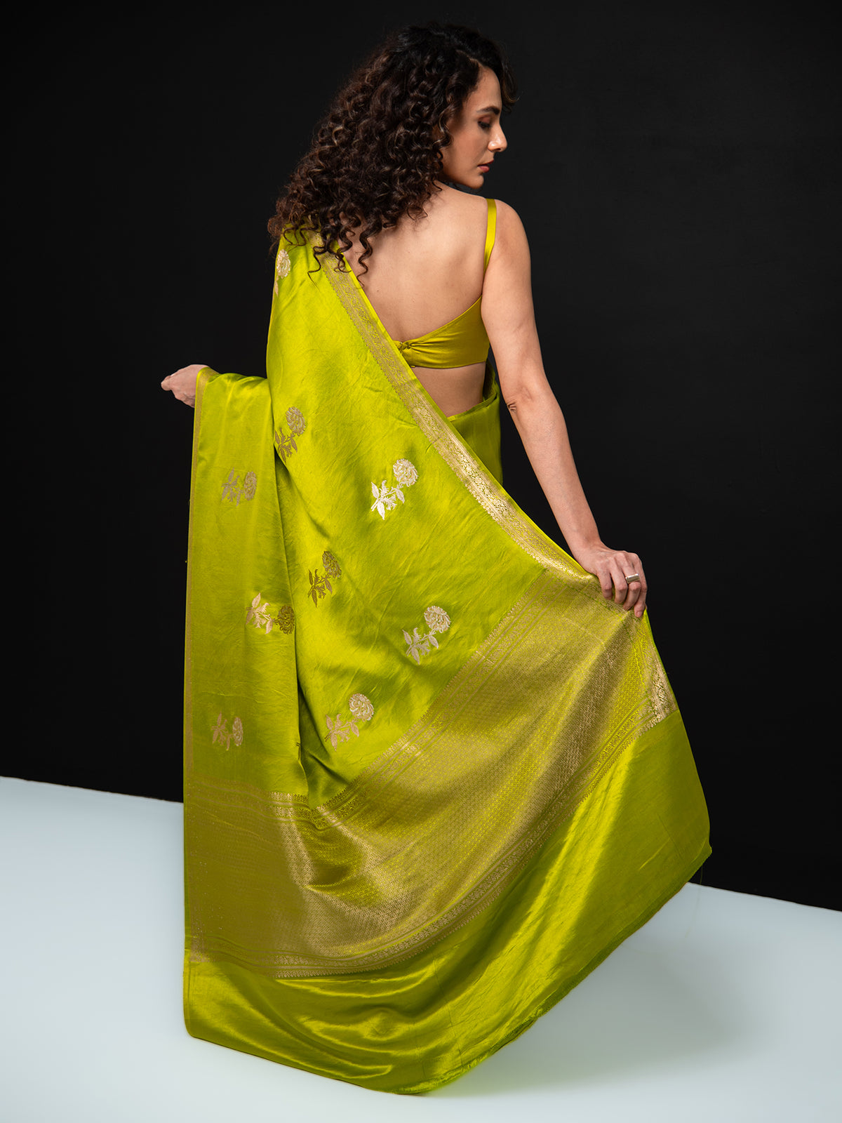 Parrot Green Boota Satin Silk Handloom Banarasi Saree - Sacred Weaves