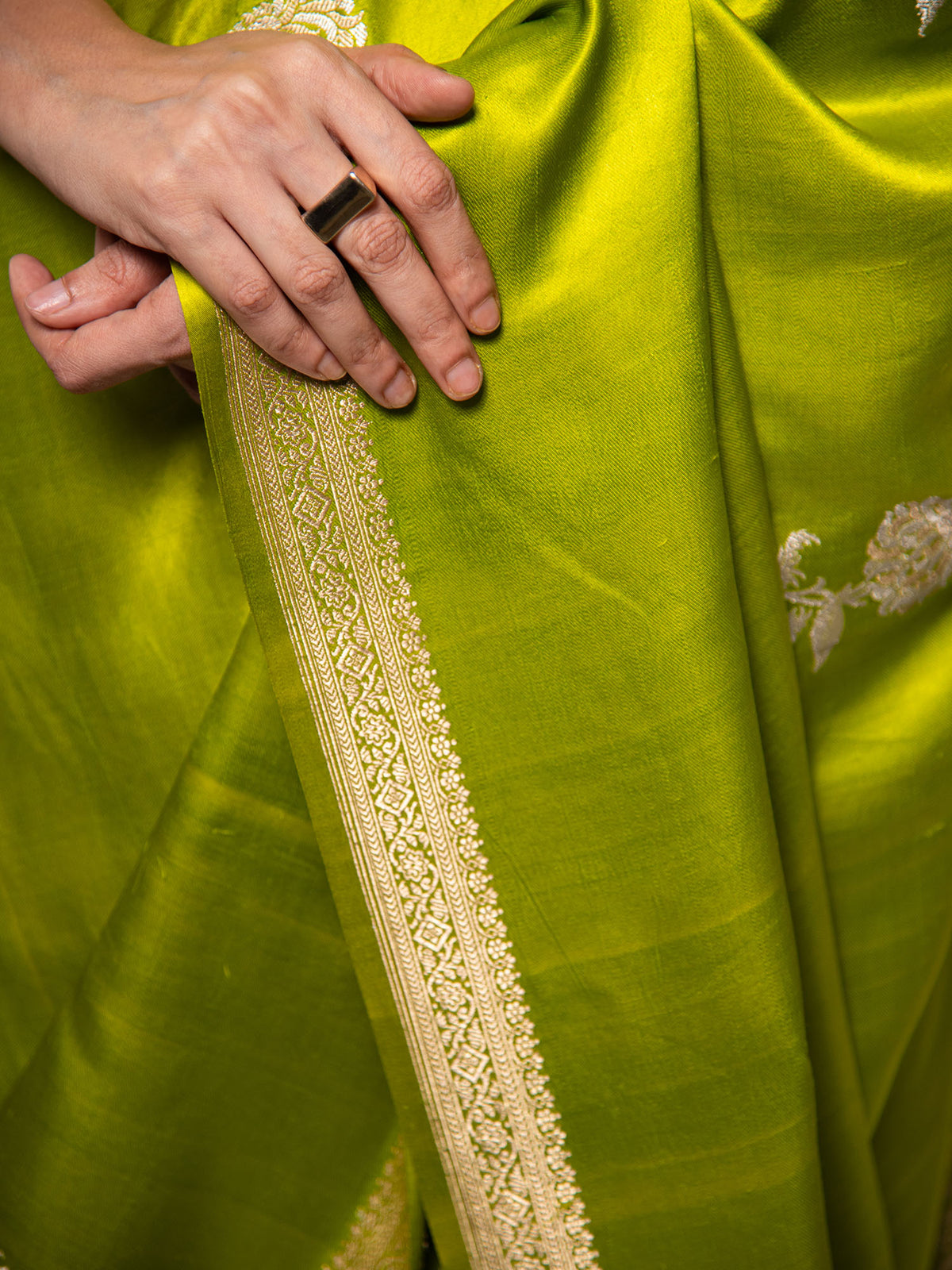 Parrot Green Boota Satin Silk Handloom Banarasi Saree - Sacred Weaves