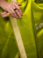 Parrot Green Boota Satin Silk Handloom Banarasi Saree - Sacred Weaves