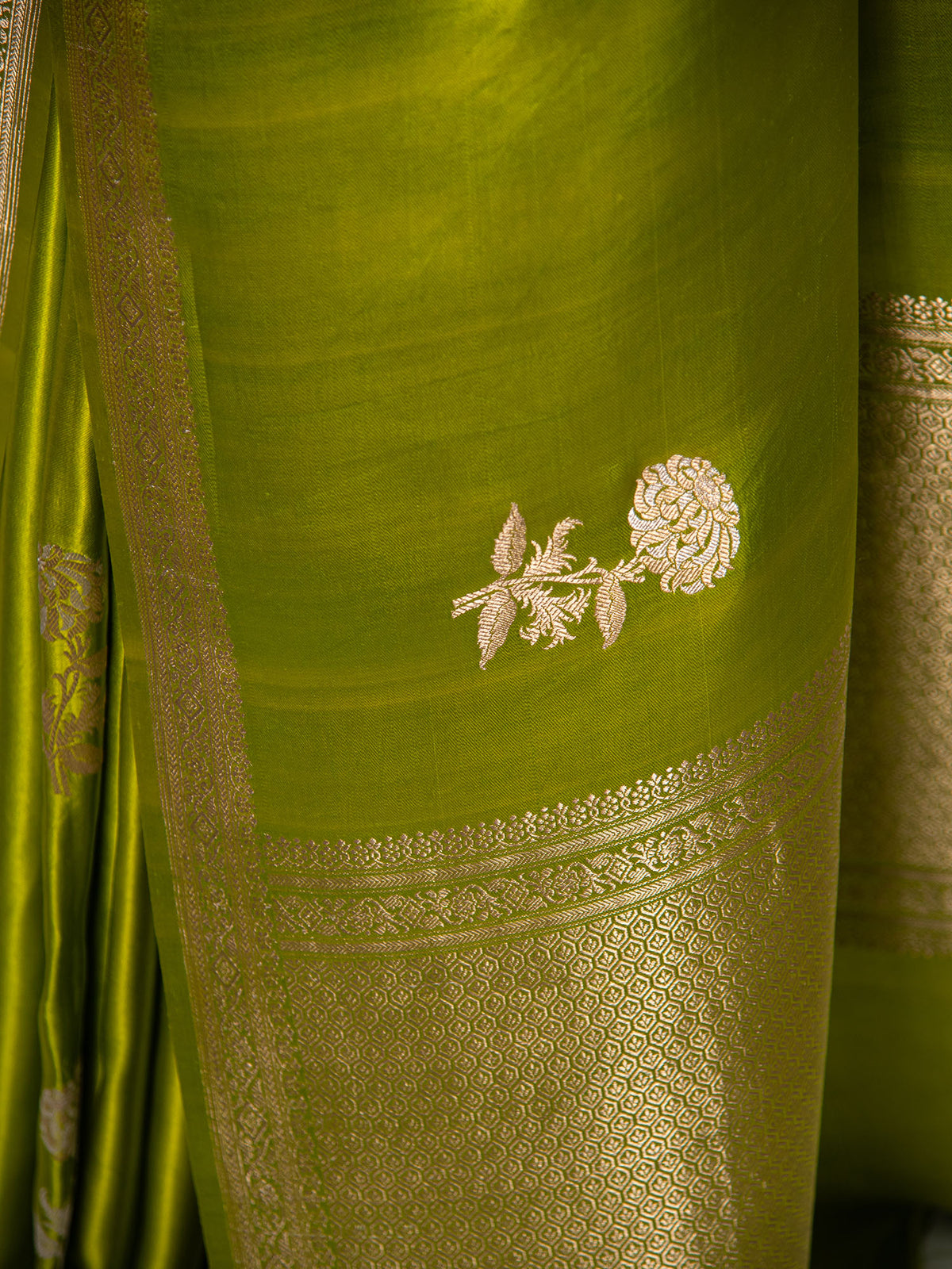 Parrot Green Boota Satin Silk Handloom Banarasi Saree - Sacred Weaves
