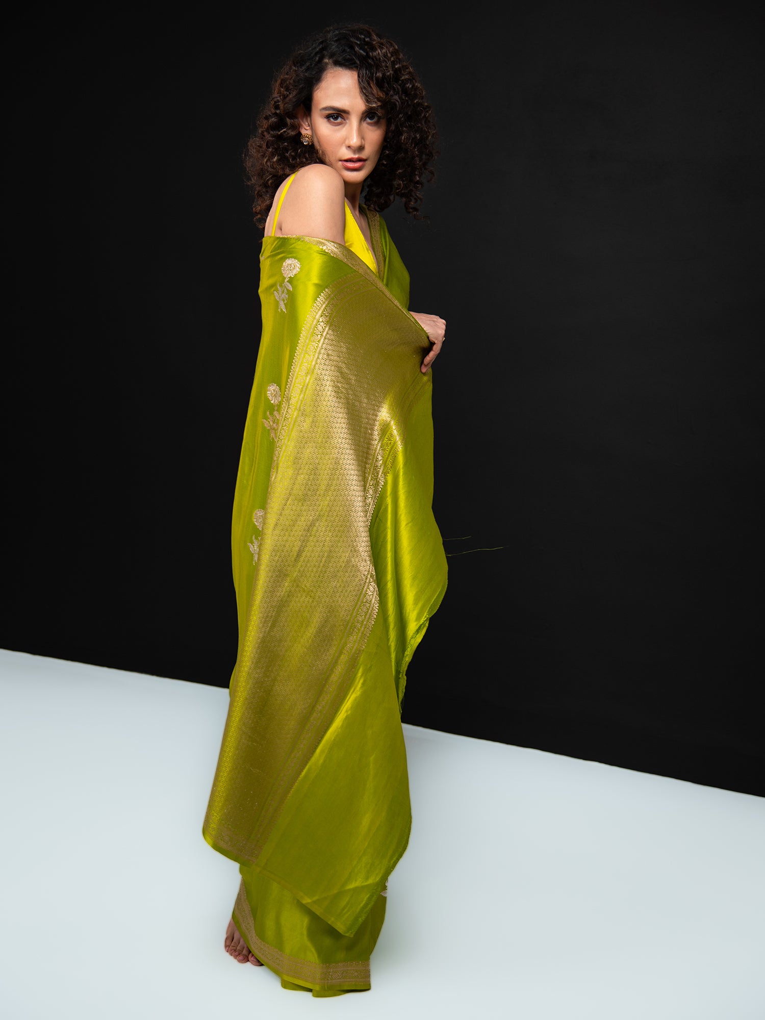 Parrot Green Boota Satin Silk Handloom Banarasi Saree - Sacred Weaves