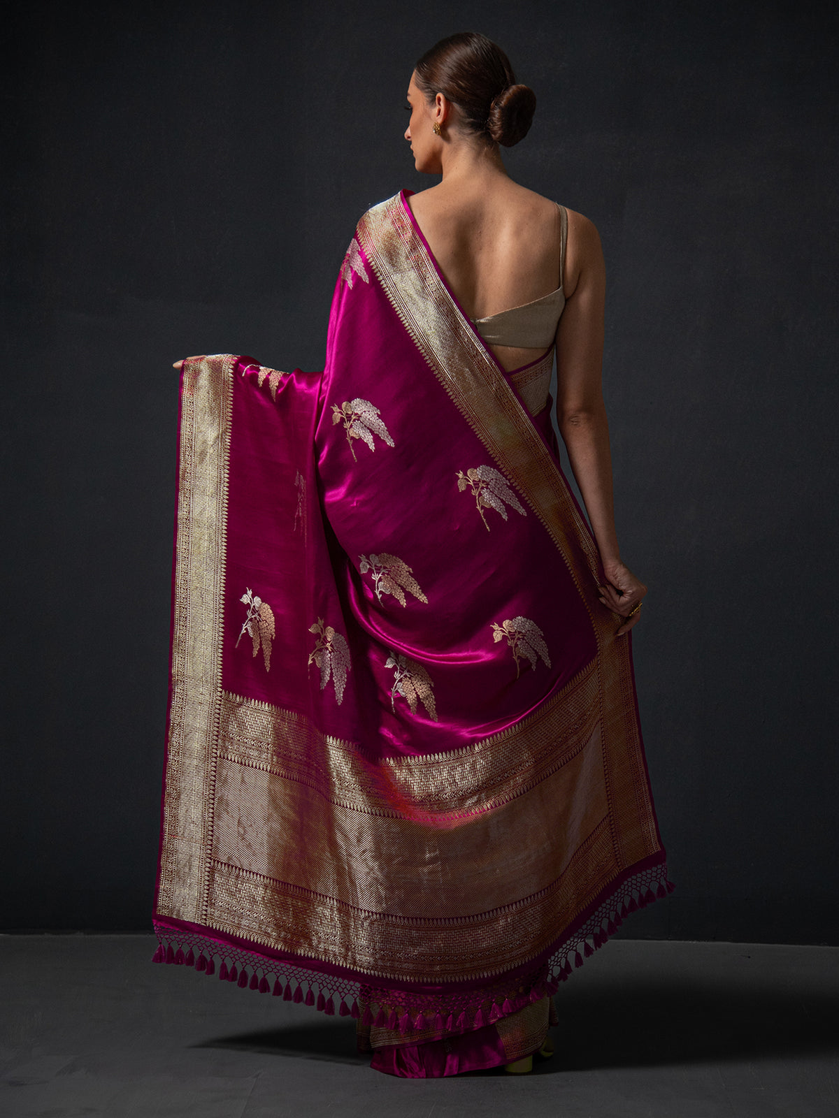 Dark Magenta Boota Satin Silk Handloom Banarasi Saree - Sacred Weaves