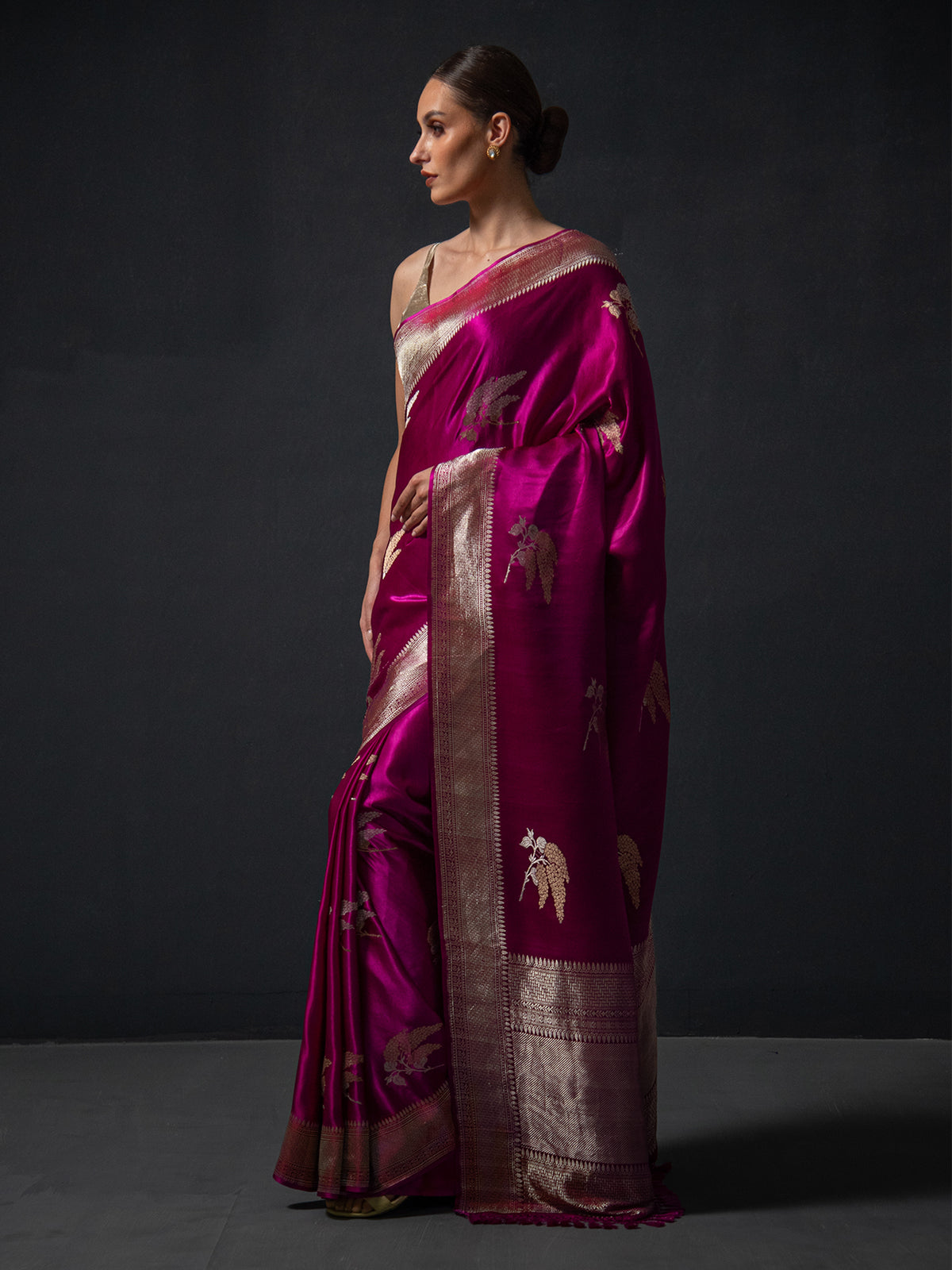 Dark Magenta Boota Satin Silk Handloom Banarasi Saree - Sacred Weaves