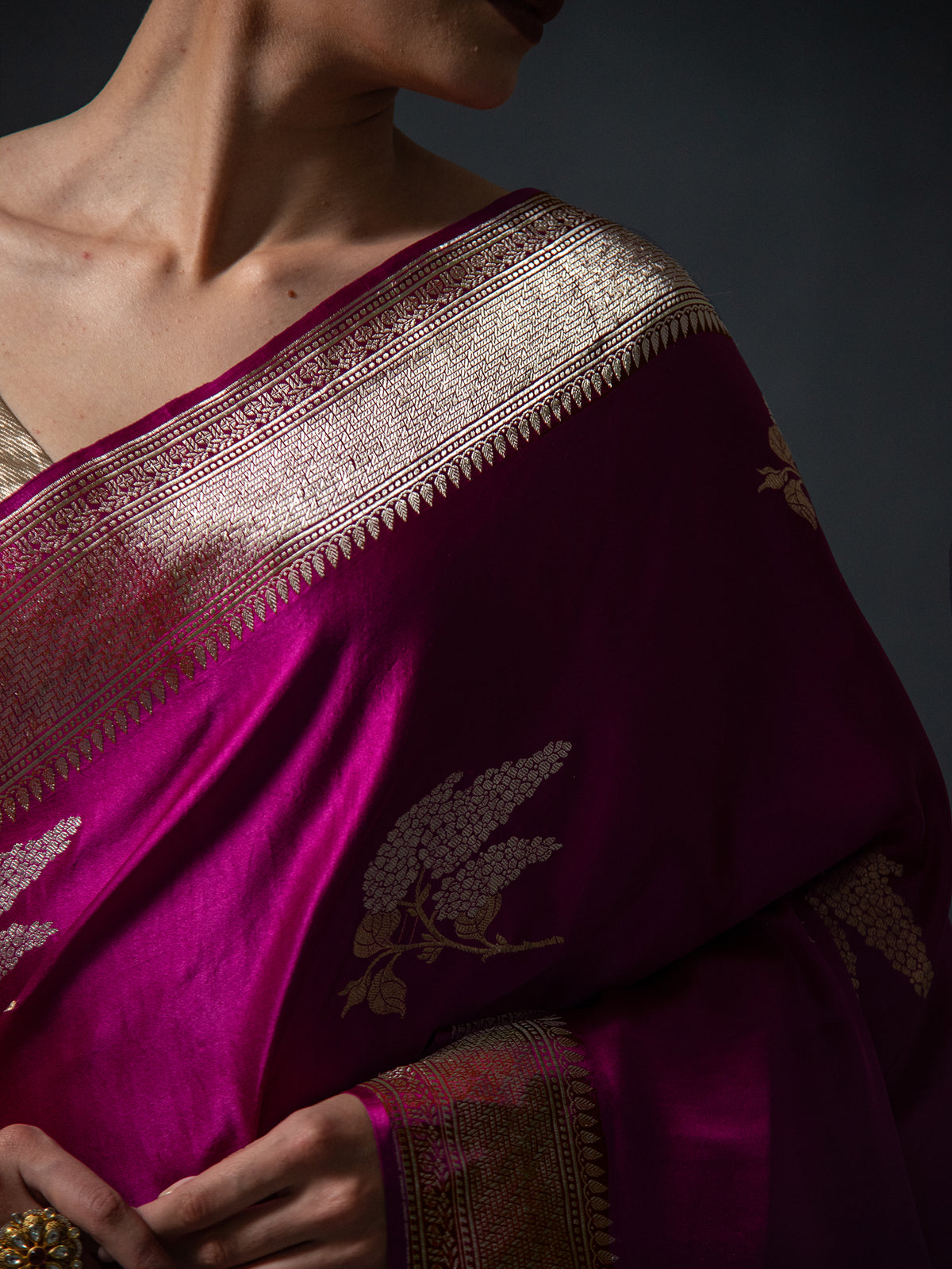 Dark Magenta Boota Satin Silk Handloom Banarasi Saree - Sacred Weaves