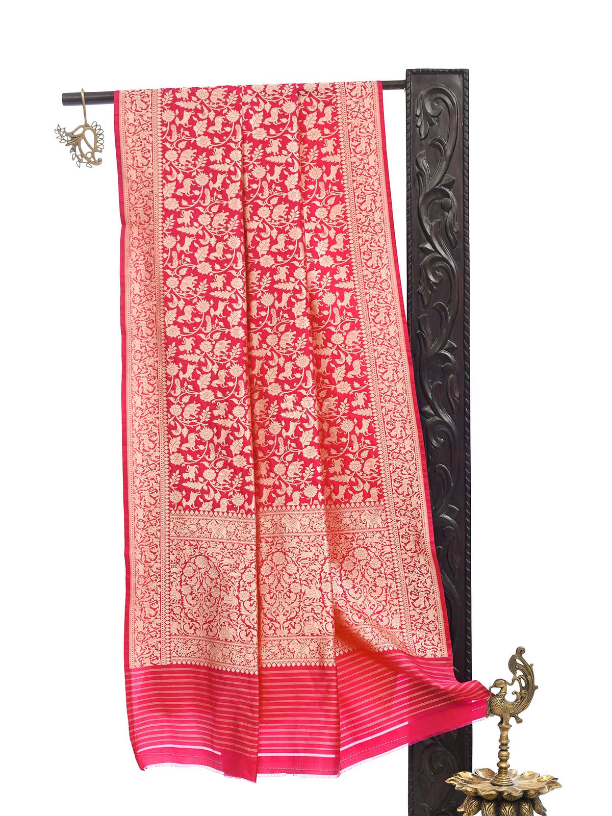 Pink Red Shikargah Jaal Katan Silk Handloom Banarasi Dupatta