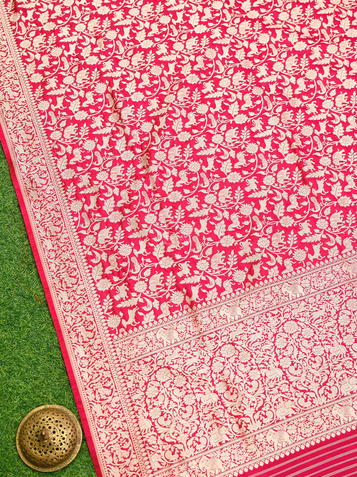 Pink Red Shikargah Jaal Katan Silk Handloom Banarasi Dupatta
