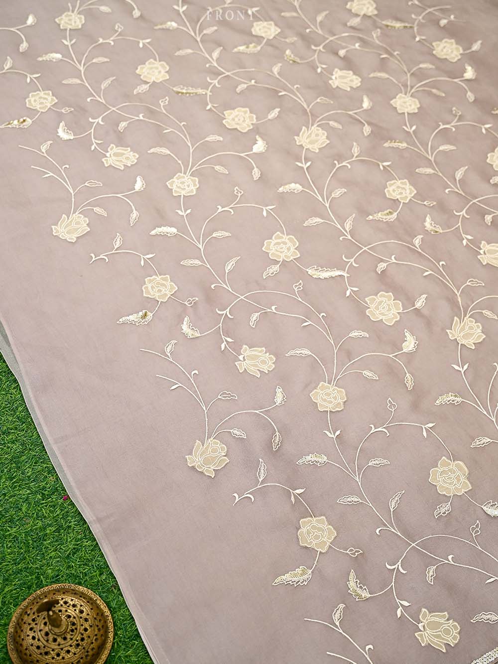 Dark Beige Embroidered Organza Handloom Banarasi Suit - Sacred Weaves