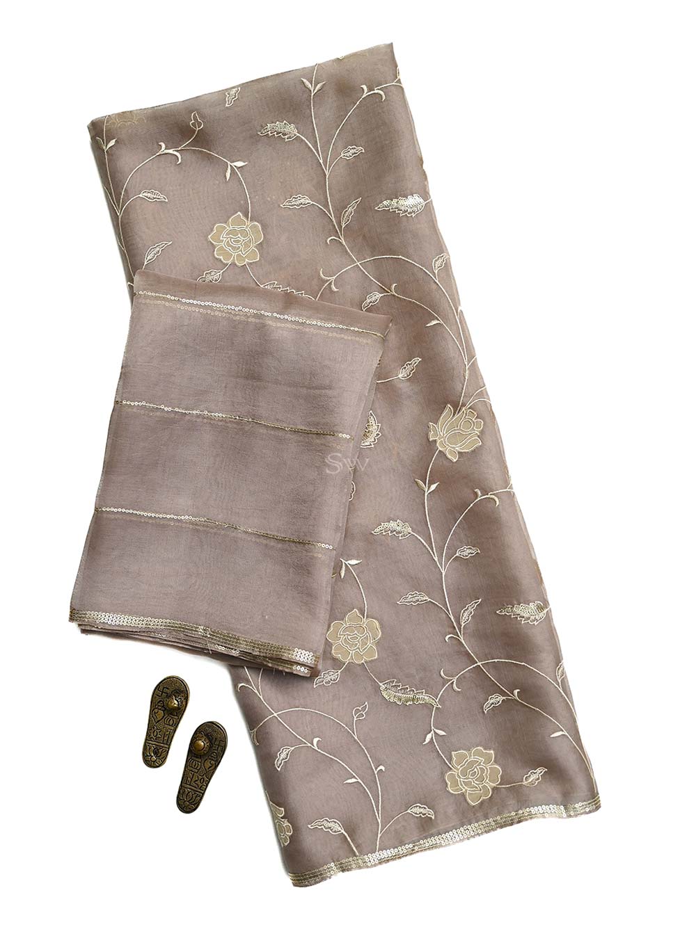 Dark Beige Embroidered Organza Handloom Banarasi Suit - Sacred Weaves