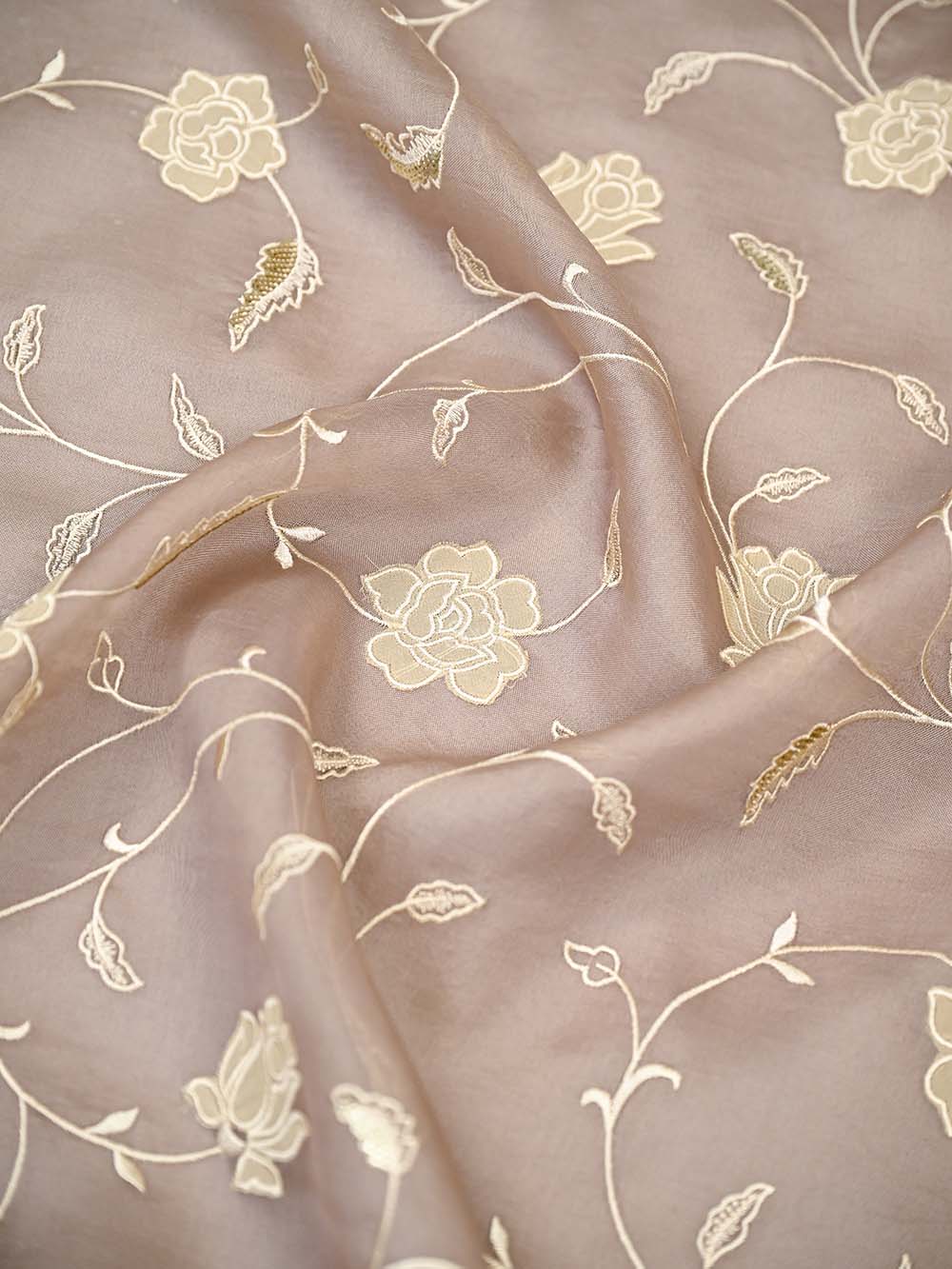 Dark Beige Embroidered Organza Handloom Banarasi Suit - Sacred Weaves