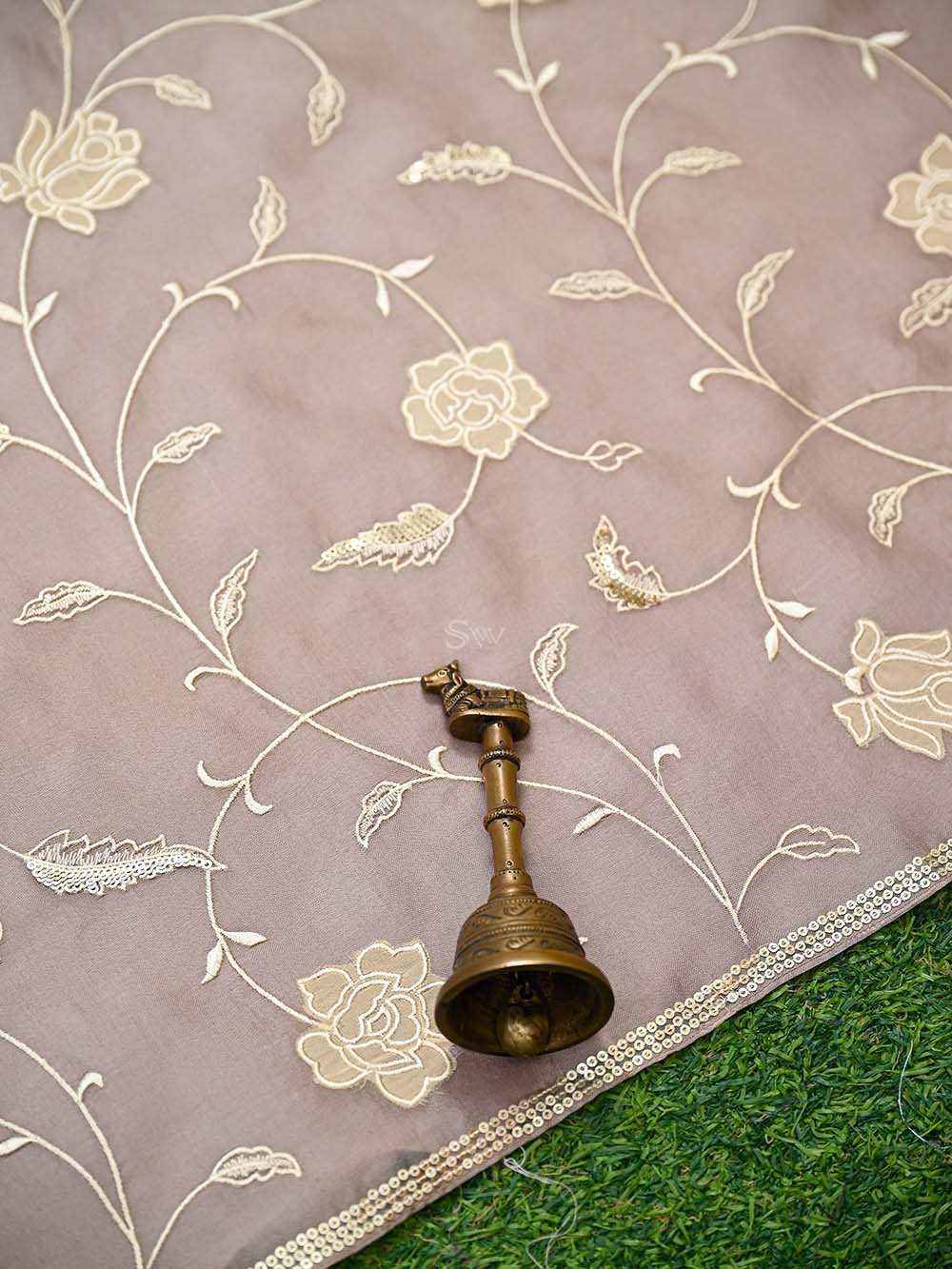 Dark Beige Embroidered Organza Handloom Banarasi Suit - Sacred Weaves