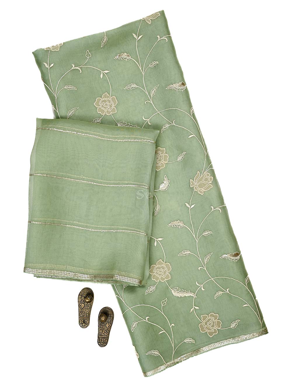 Pastel Pista Green Embroidered Organza Handloom Banarasi Suit - Sacred Weaves