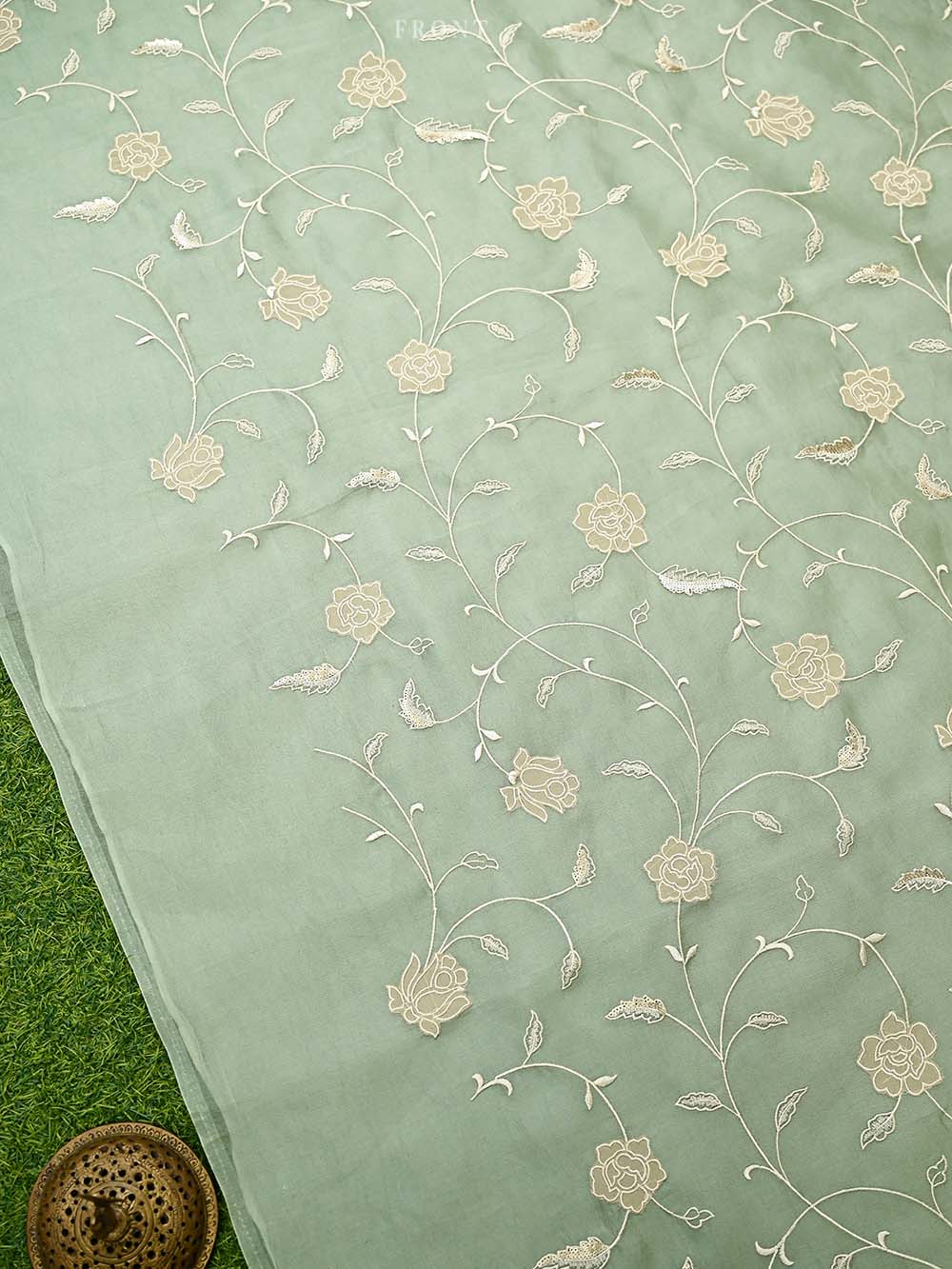 Pastel Pista Green Embroidered Organza Handloom Banarasi Suit - Sacred Weaves