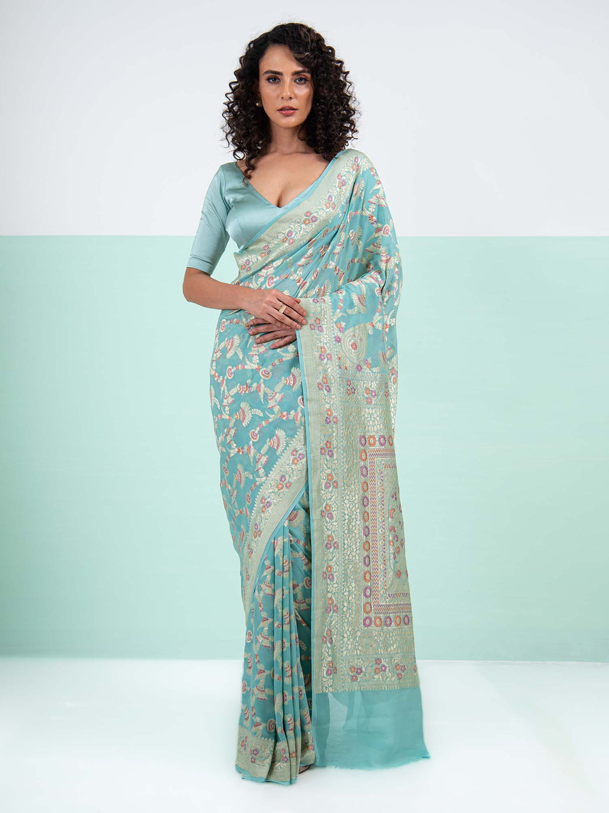 Pastel Aqua Green Meenakari Khaddi Georgette Handloom Banarasi Saree - Sacred Weaves