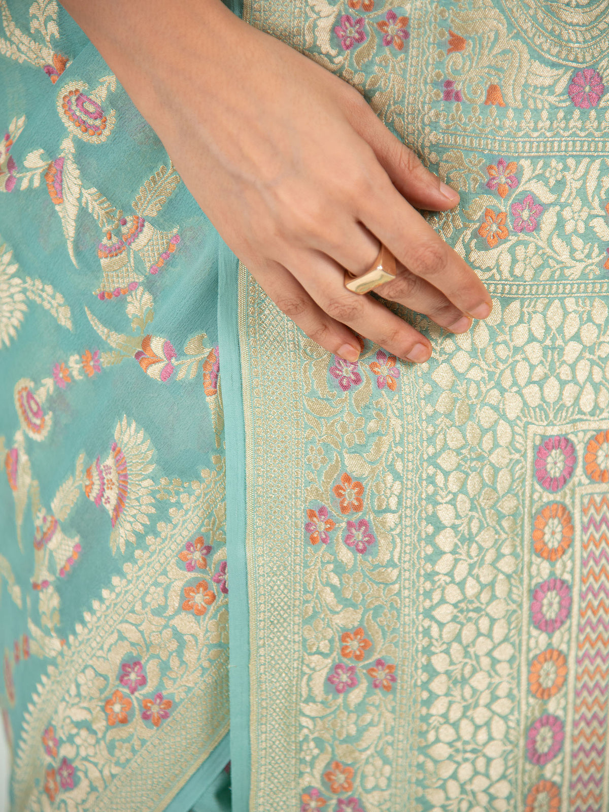 Pastel Aqua Green Meenakari Khaddi Georgette Handloom Banarasi Saree - Sacred Weaves