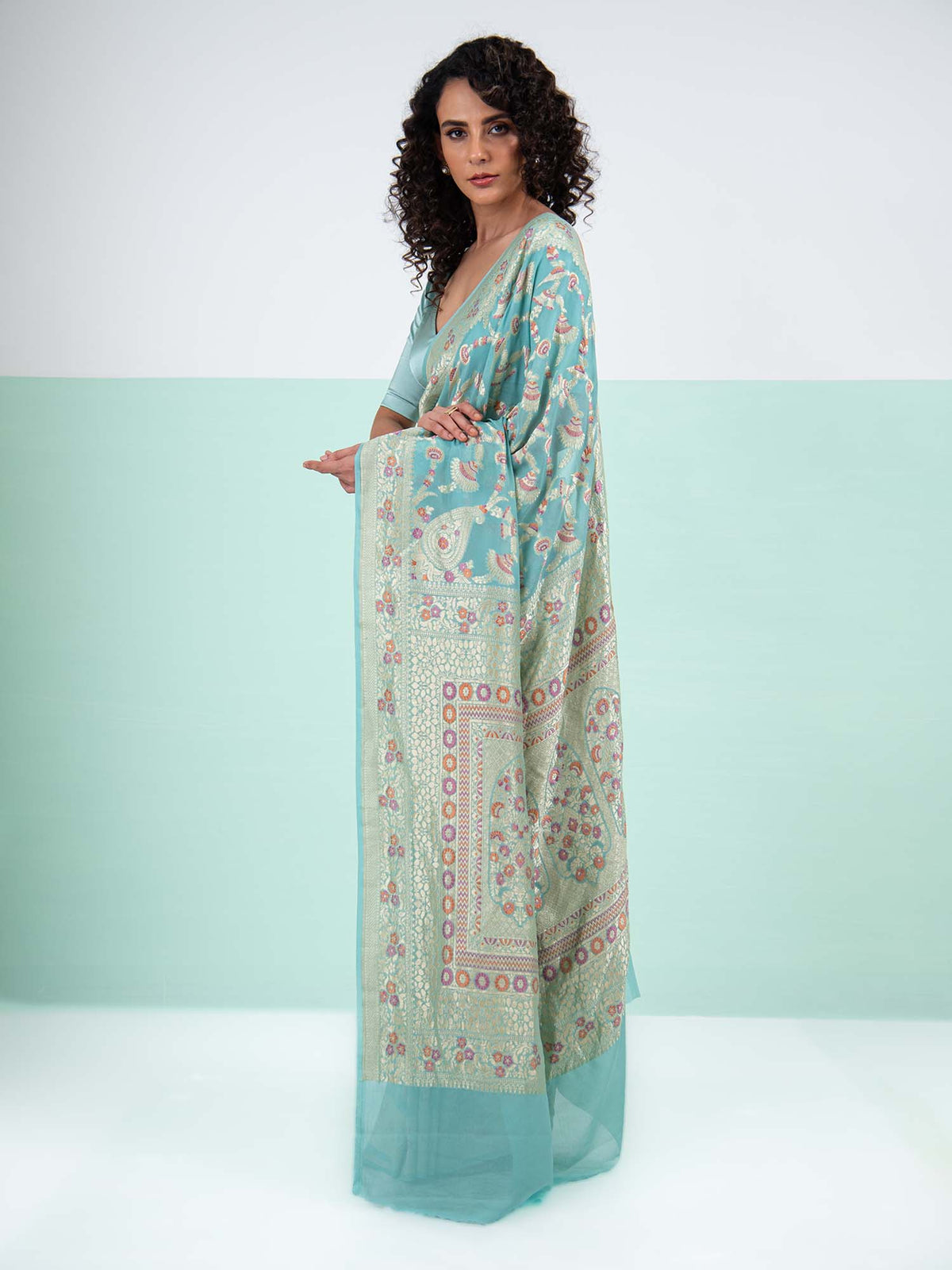 Pastel Aqua Green Meenakari Khaddi Georgette Handloom Banarasi Saree - Sacred Weaves