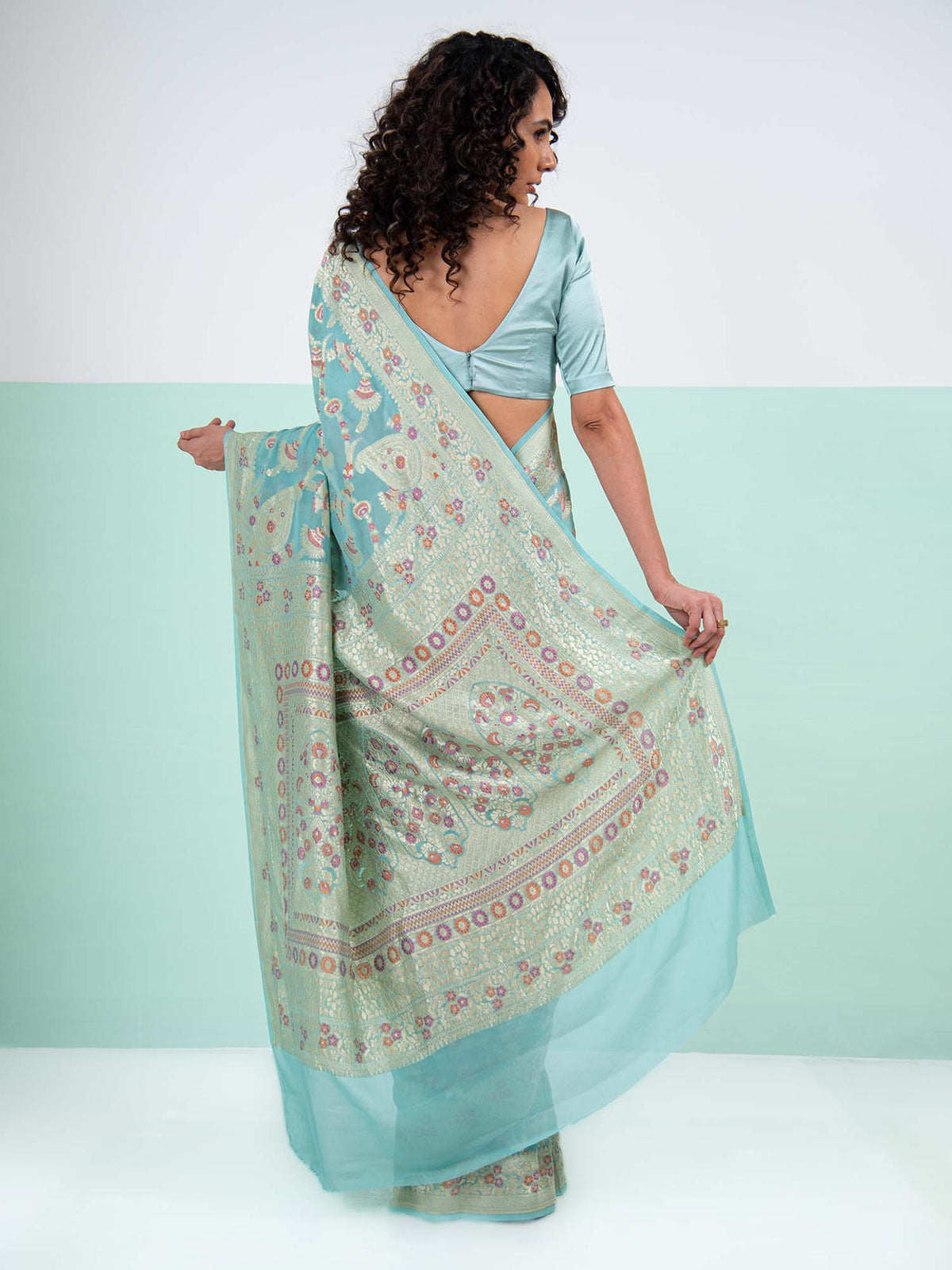 Pastel Aqua Green Meenakari Khaddi Georgette Handloom Banarasi Saree - Sacred Weaves