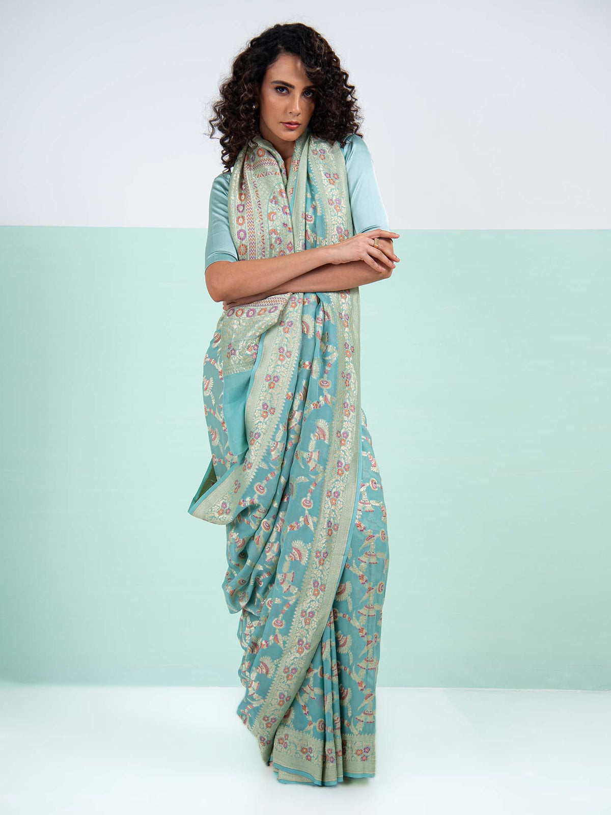 Pastel Aqua Green Meenakari Khaddi Georgette Handloom Banarasi Saree - Sacred Weaves