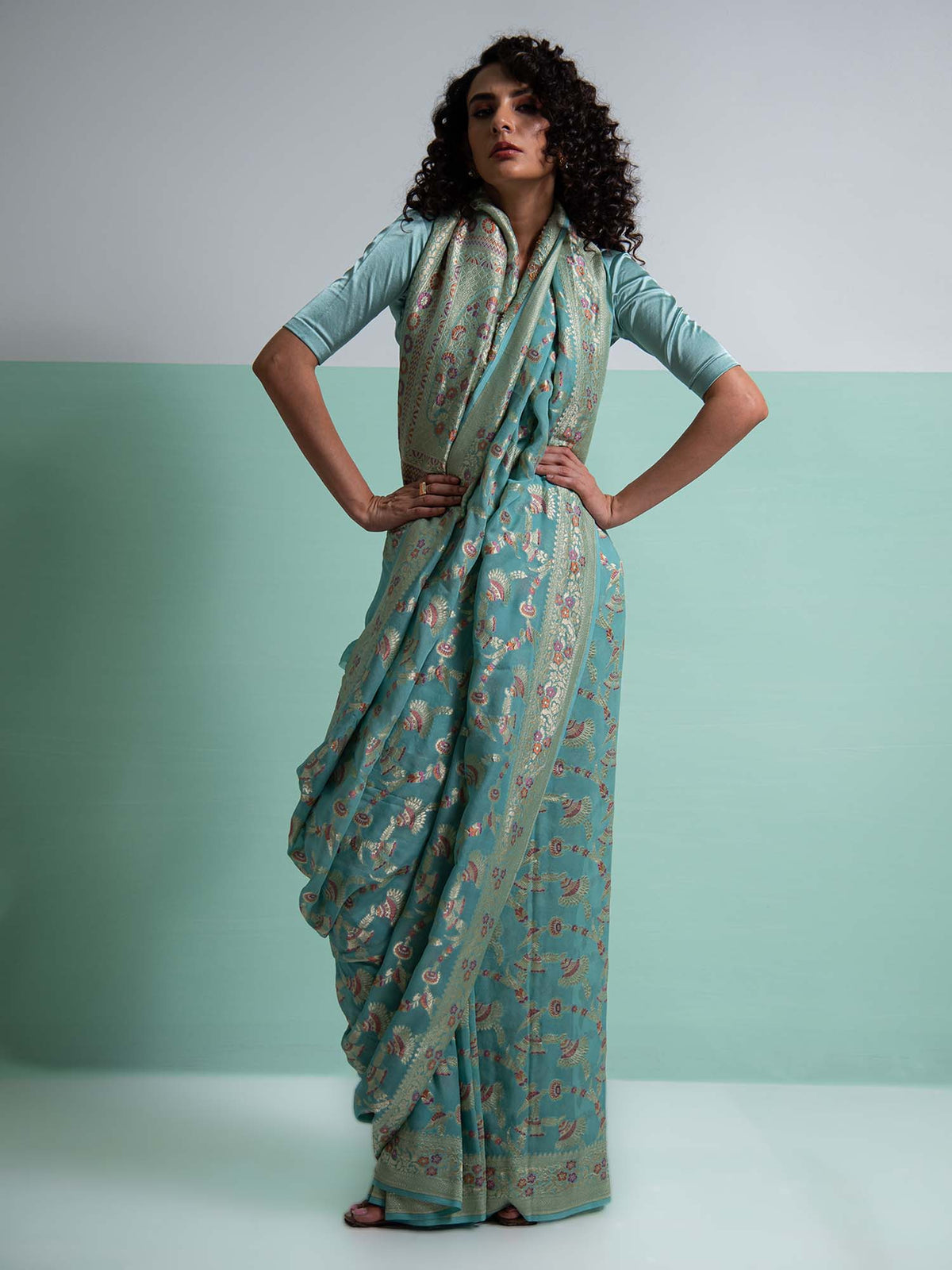 Pastel Aqua Green Meenakari Khaddi Georgette Handloom Banarasi Saree - Sacred Weaves