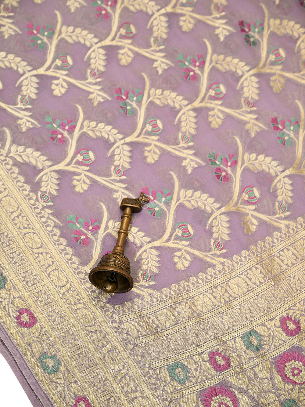 Pastel Lavender Meenakari Jaal Khaddi Georgette Handloom Banarasi Saree - Sacred Weaves