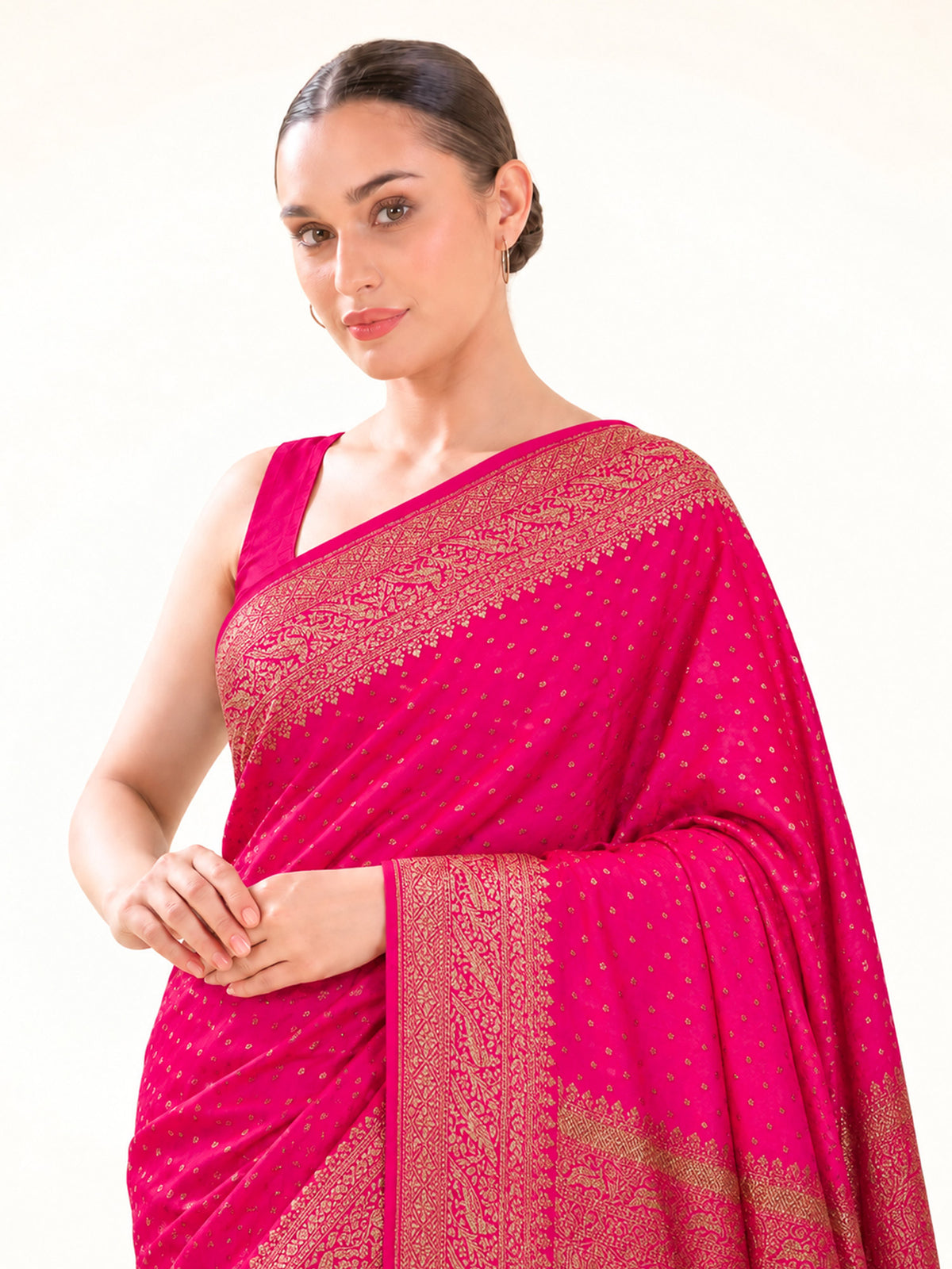 Dark Pink Zari Booti Crepe Silk Handloom Banarasi Saree - Sacred Weaves