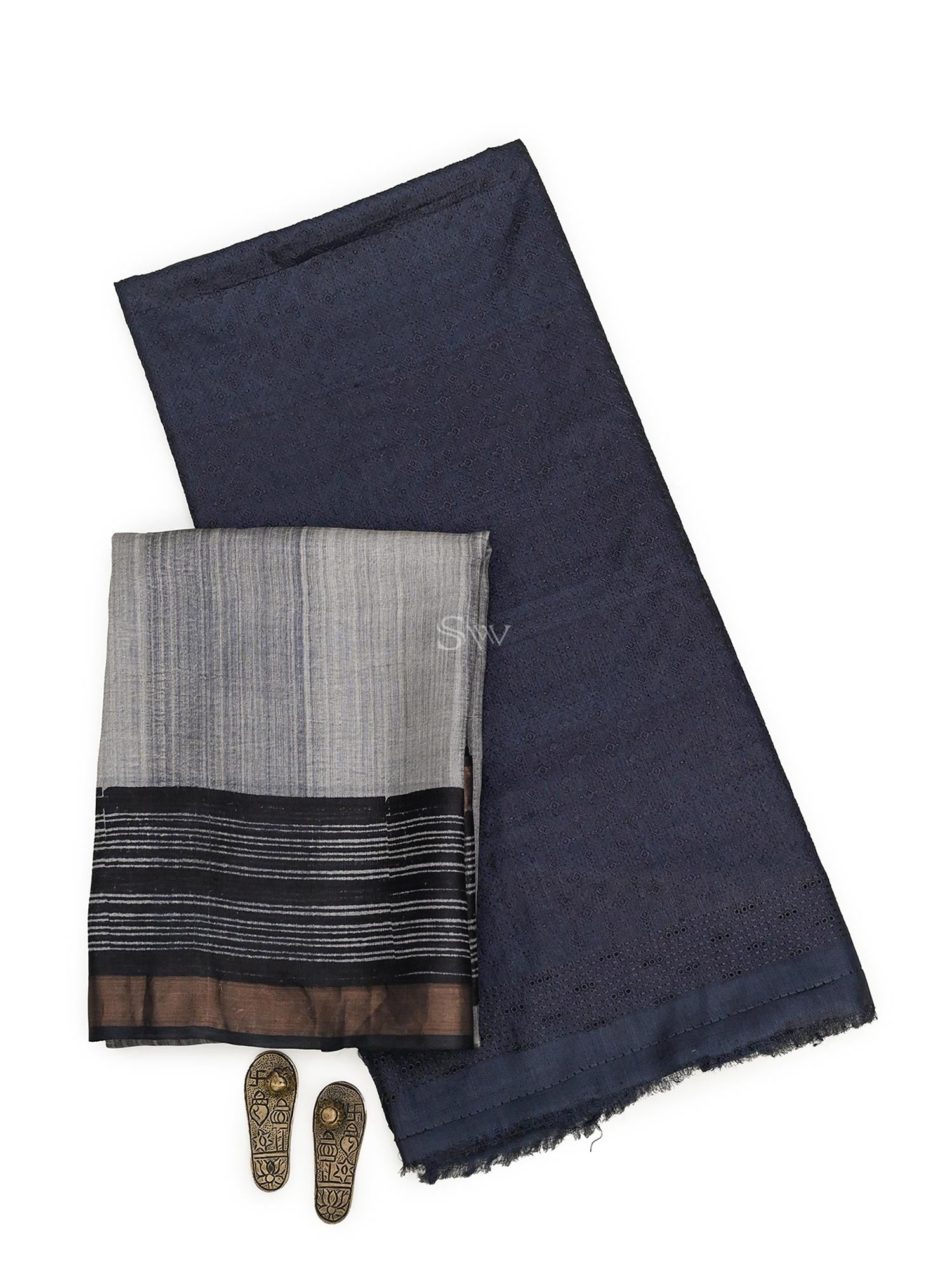 Dark Midnight Blue Embroidery Tussar Silk Handloom Banarasi Suit - Sacred Weaves