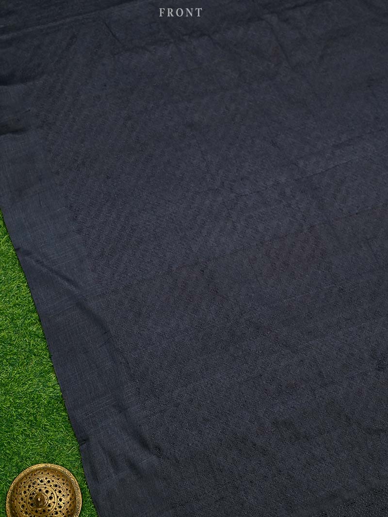 Dark Midnight Blue Embroidery Tussar Silk Handloom Banarasi Suit - Sacred Weaves