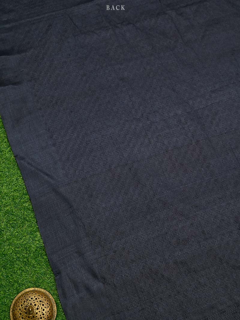 Dark Midnight Blue Embroidery Tussar Silk Handloom Banarasi Suit
