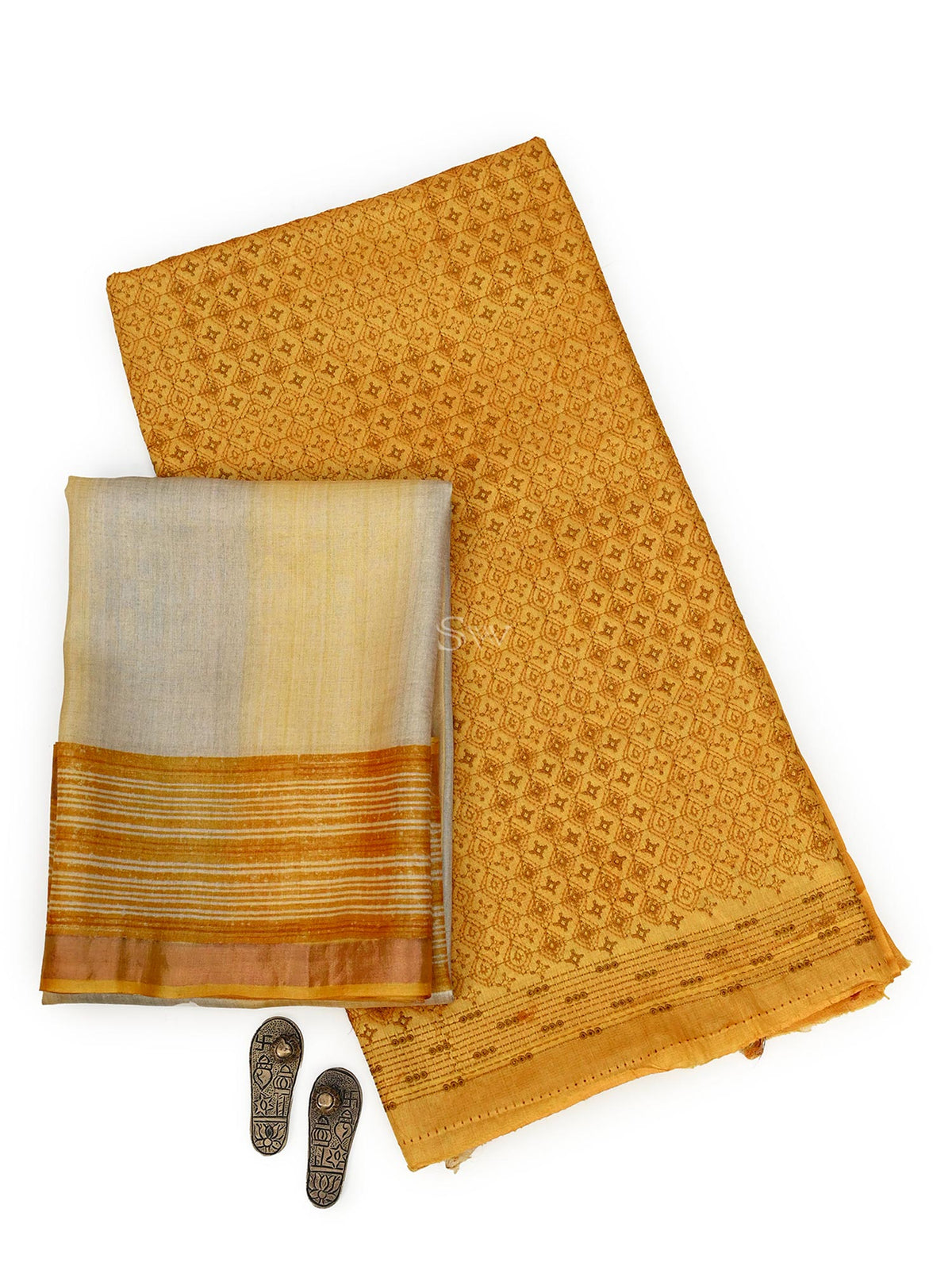 Mustard Embroidery Tussar Silk Handloom Banarasi Suit