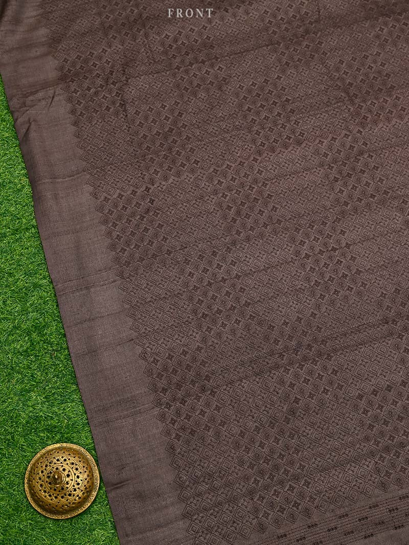Dark Brown Embroidery Tussar Silk Handloom Banarasi Suit