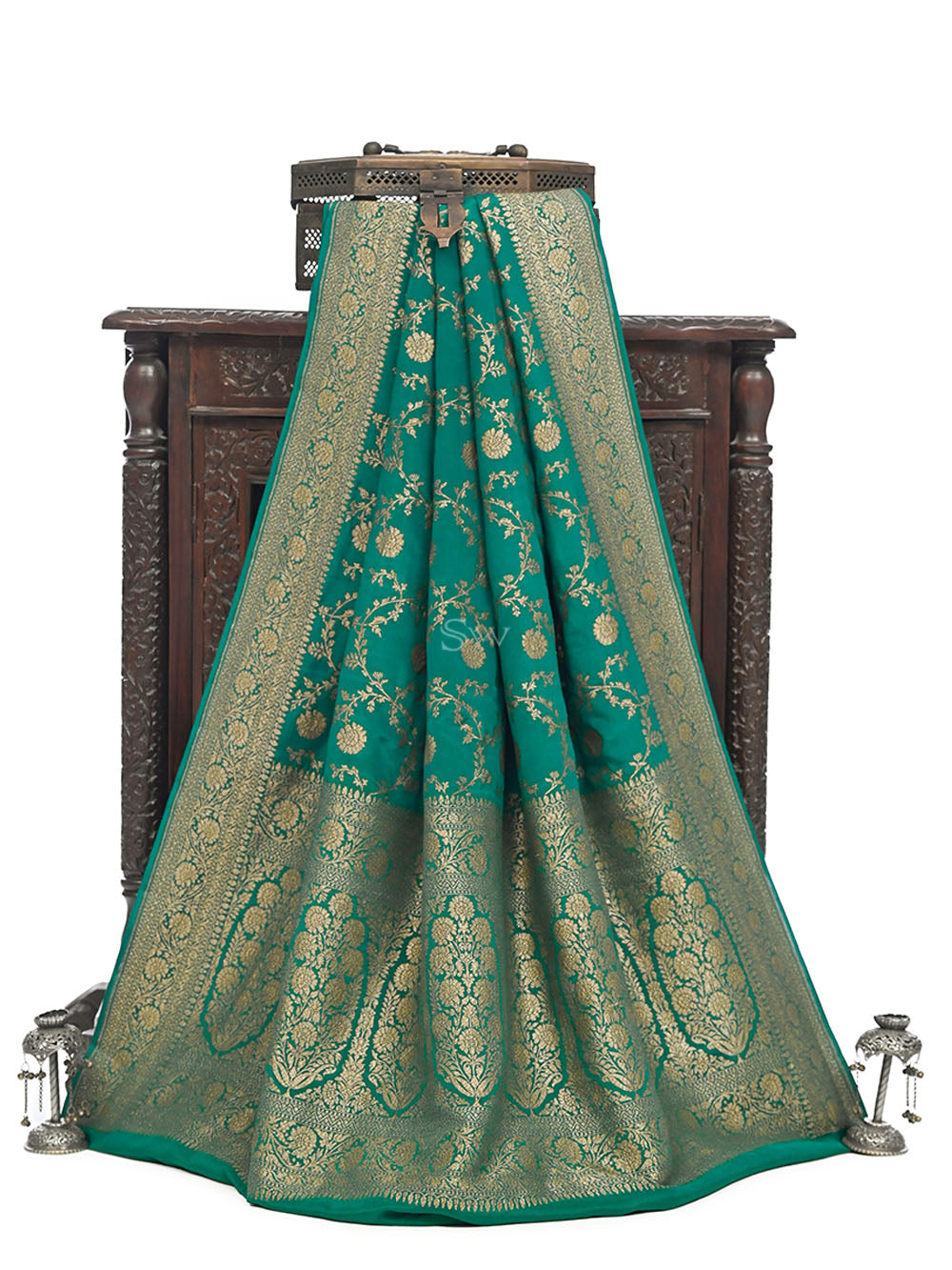 Teal Green Jaal Crepe Silk Handloom Banarasi Saree - Sacred Weaves