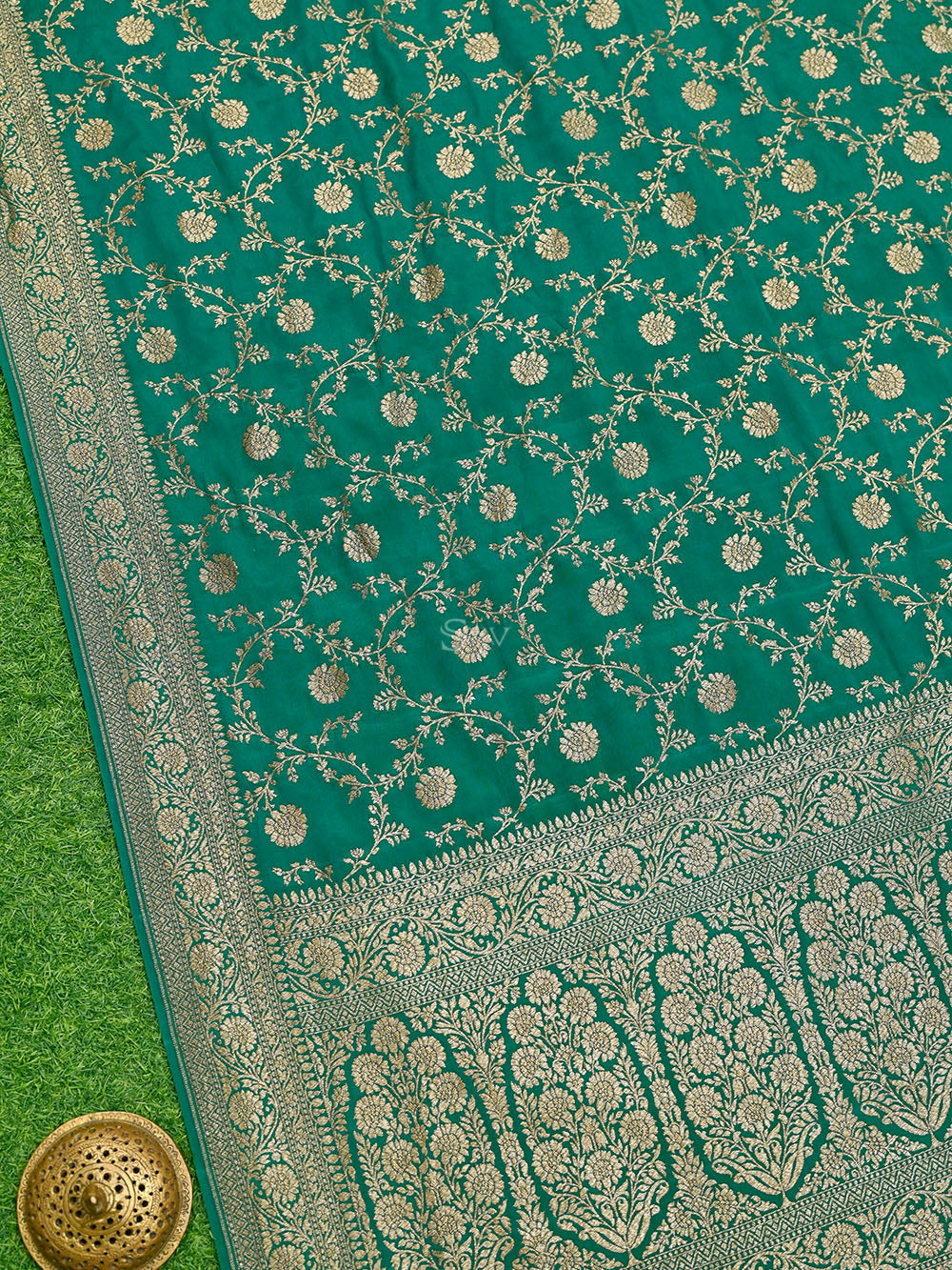 Teal Green Jaal Crepe Silk Handloom Banarasi Saree - Sacred Weaves