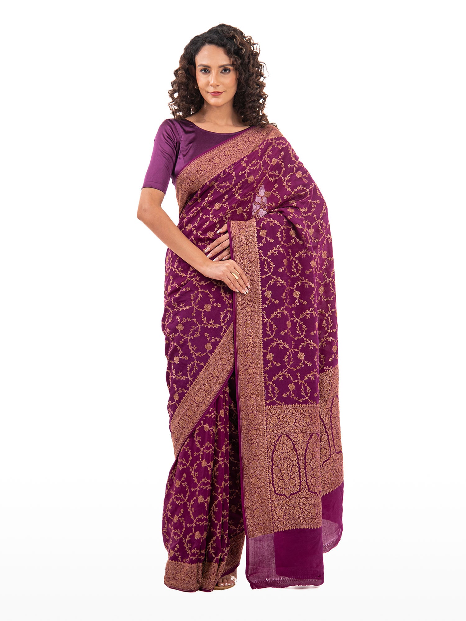 Purple Jaal Crepe Silk Handloom Banarasi Saree - Sacred Weaves