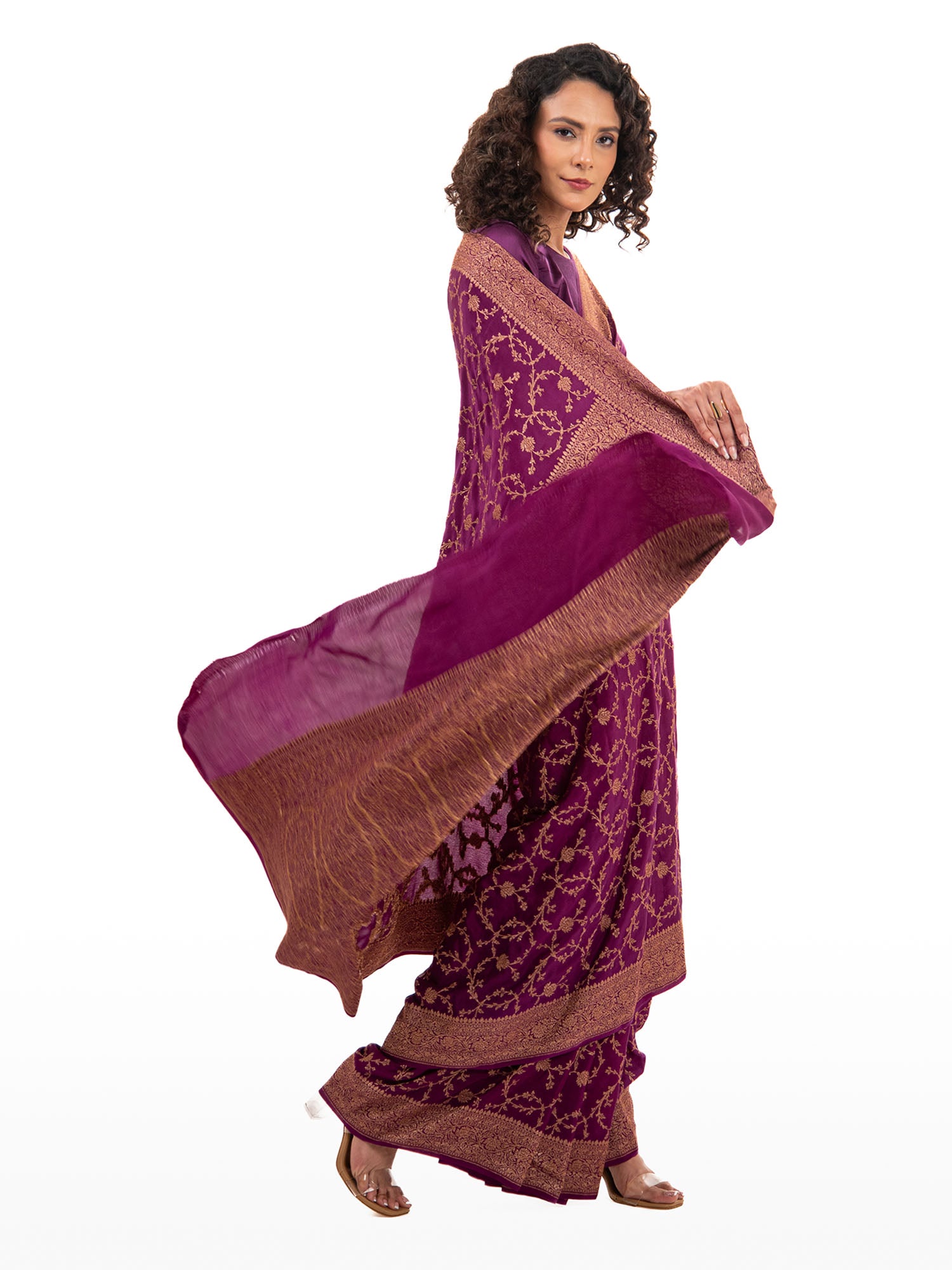 Purple Jaal Crepe Silk Handloom Banarasi Saree - Sacred Weaves