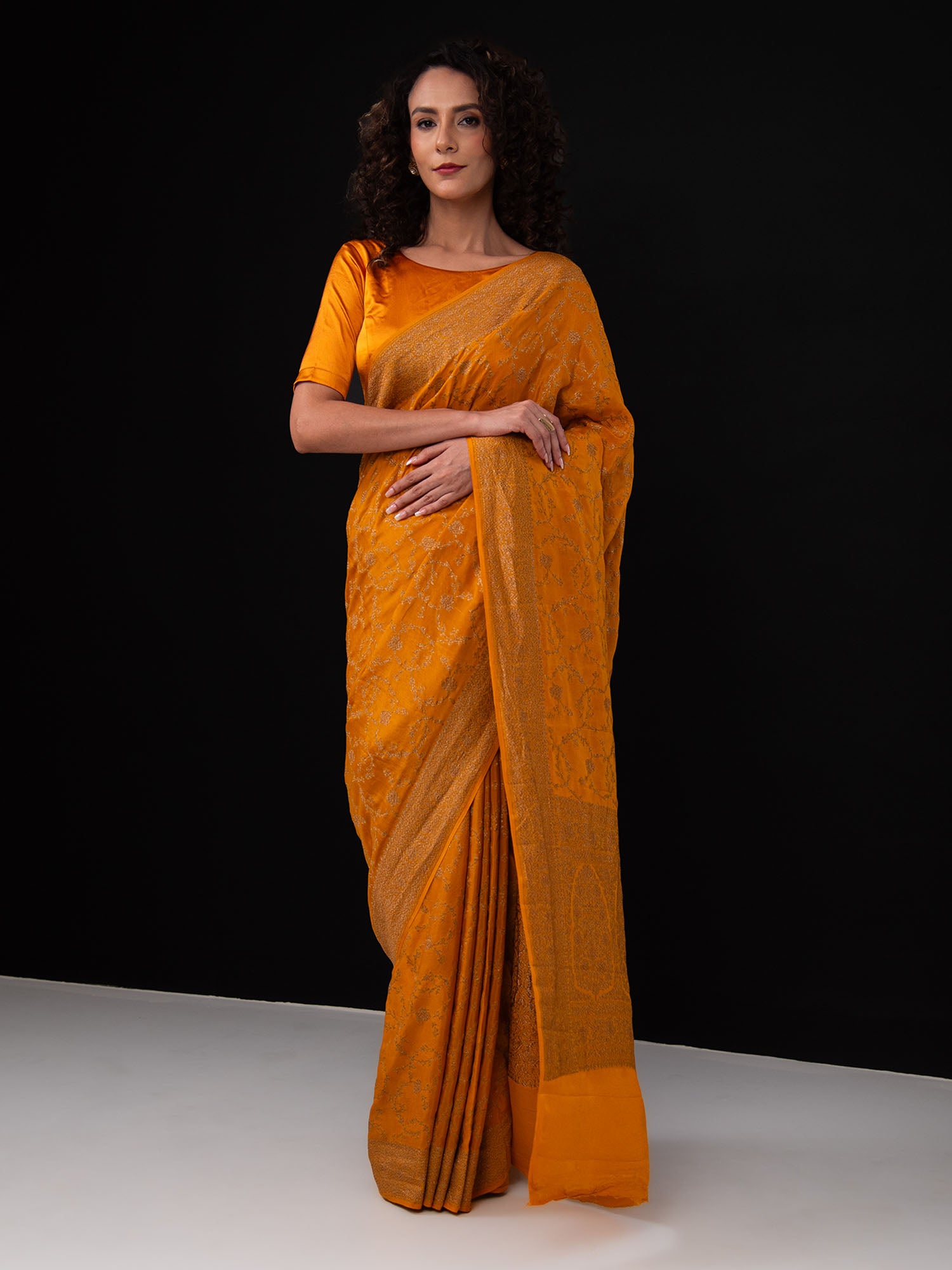 Dark Mustard Jaal Crepe Silk Handloom Banarasi Saree - Sacred Weaves