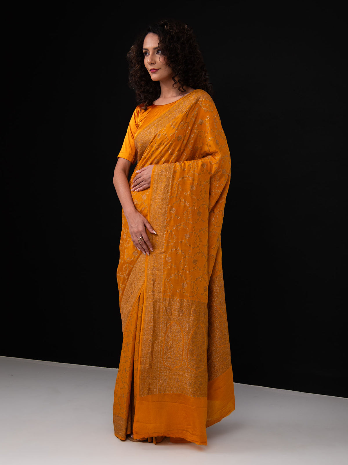 Dark Mustard Jaal Crepe Silk Handloom Banarasi Saree - Sacred Weaves